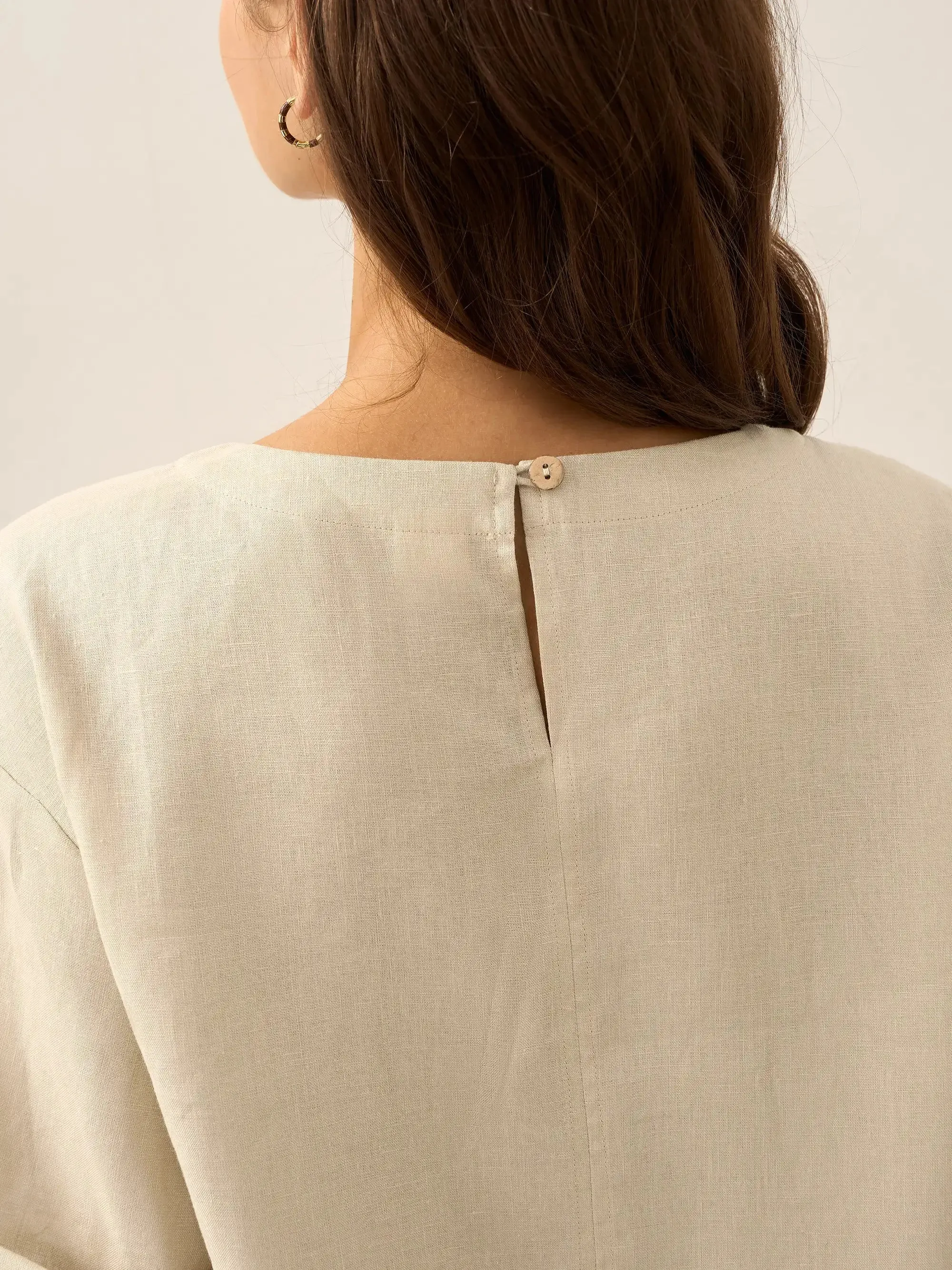 100% Linen Round Neck Button Detail Midi Dress JELENA