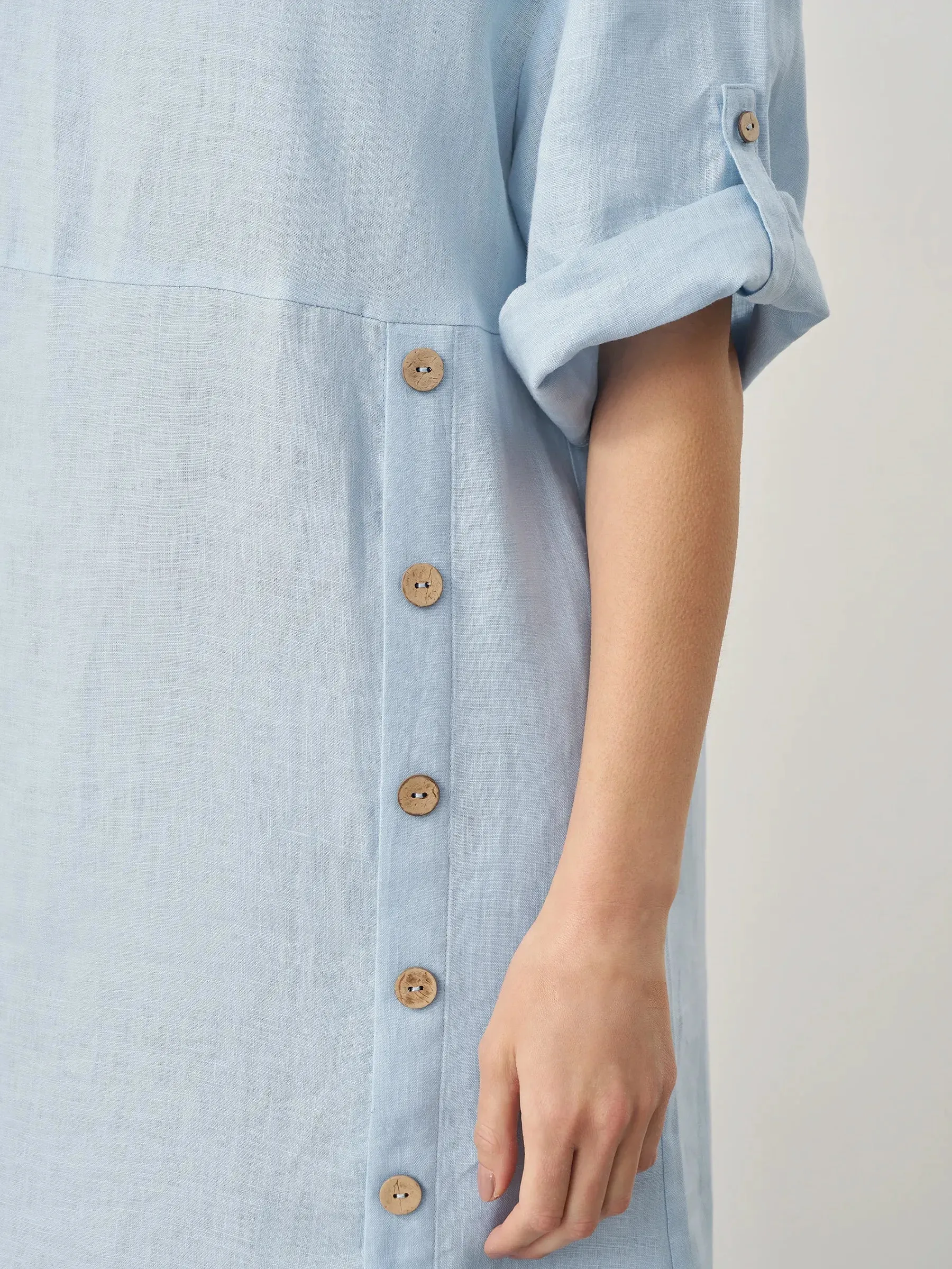 100% Linen Round Neck Button Detail Midi Dress JELENA