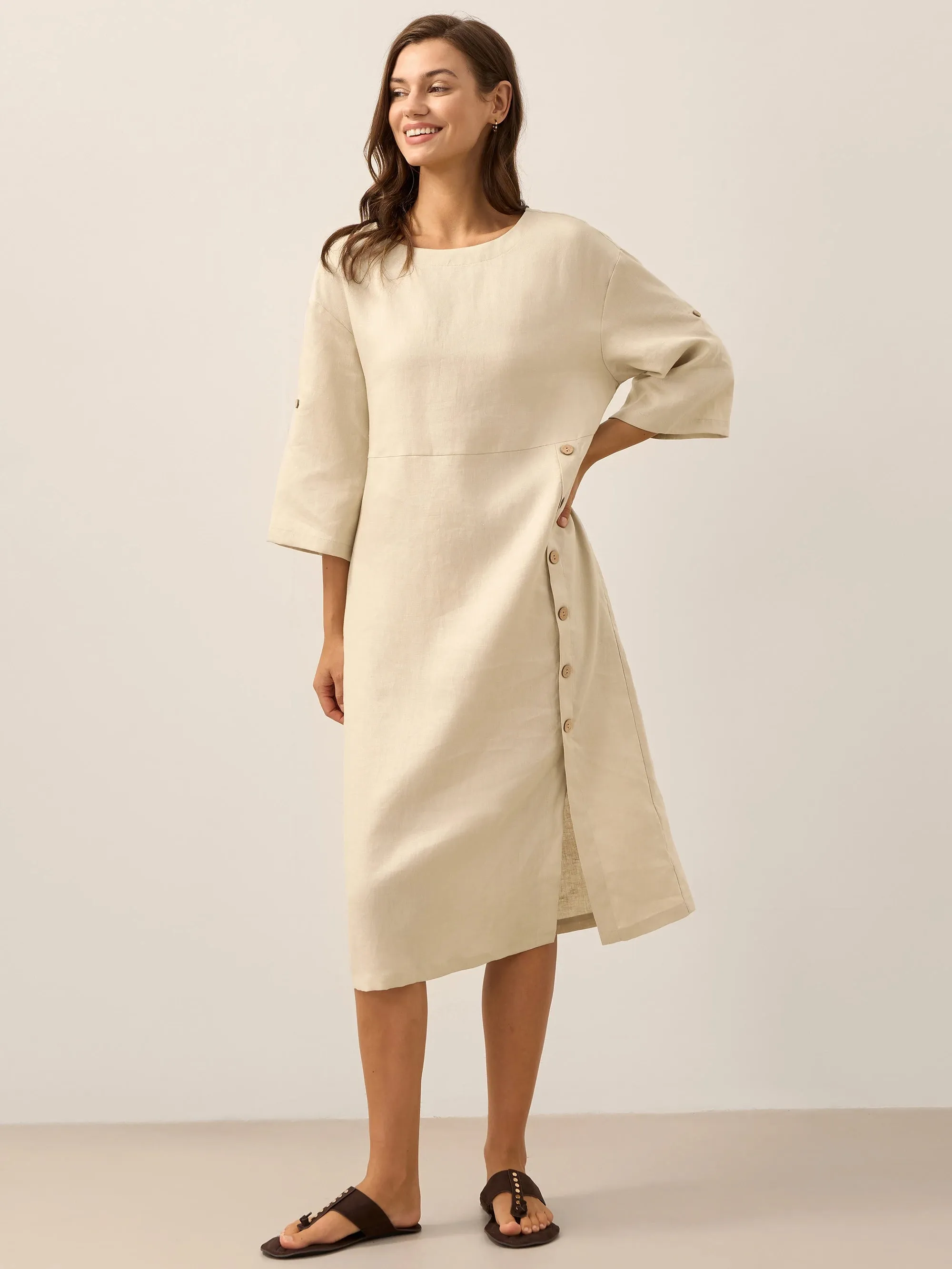 100% Linen Round Neck Button Detail Midi Dress JELENA