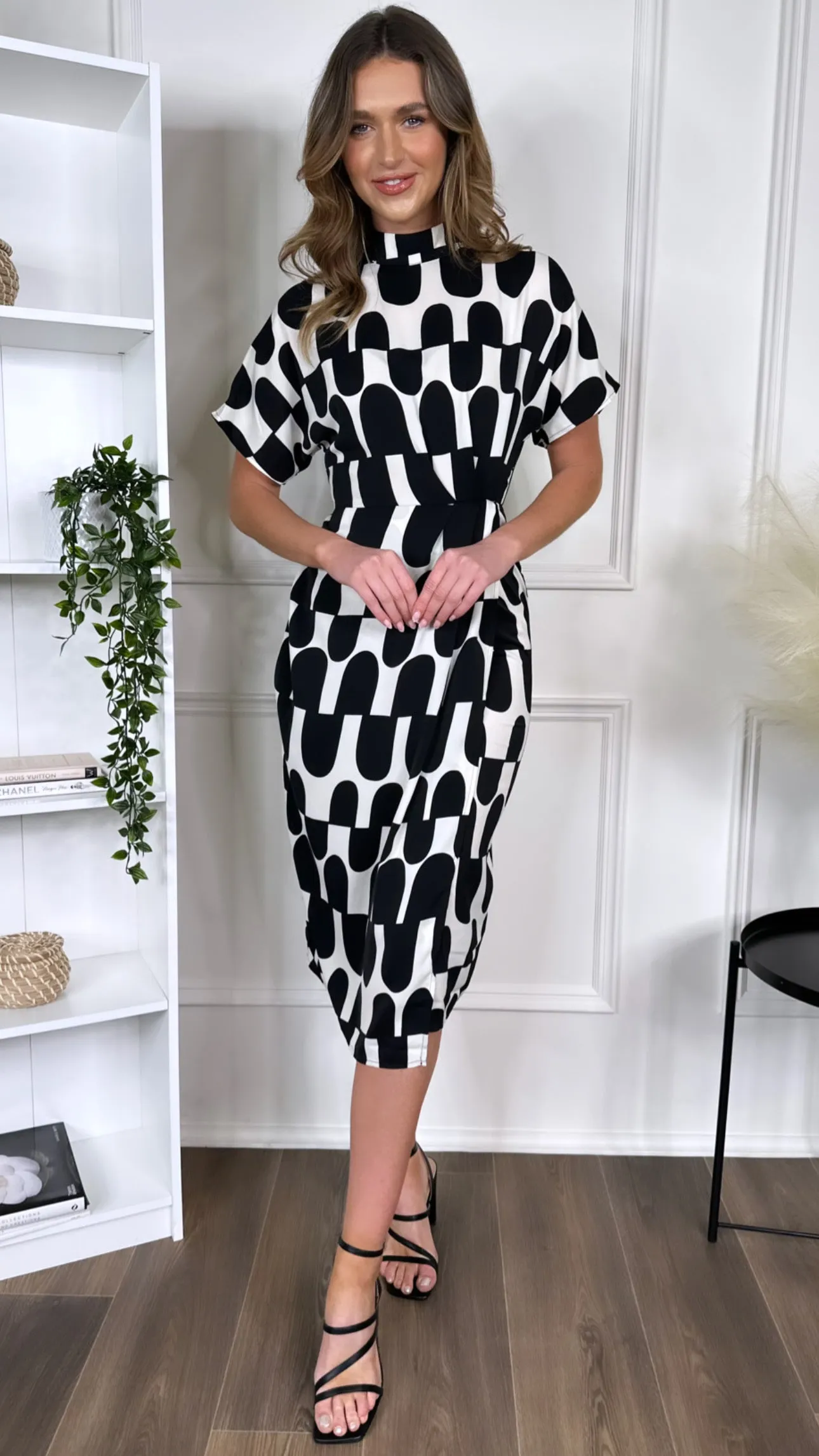 Cher Black And Cream Abstract Print High Neck Midi Dress
