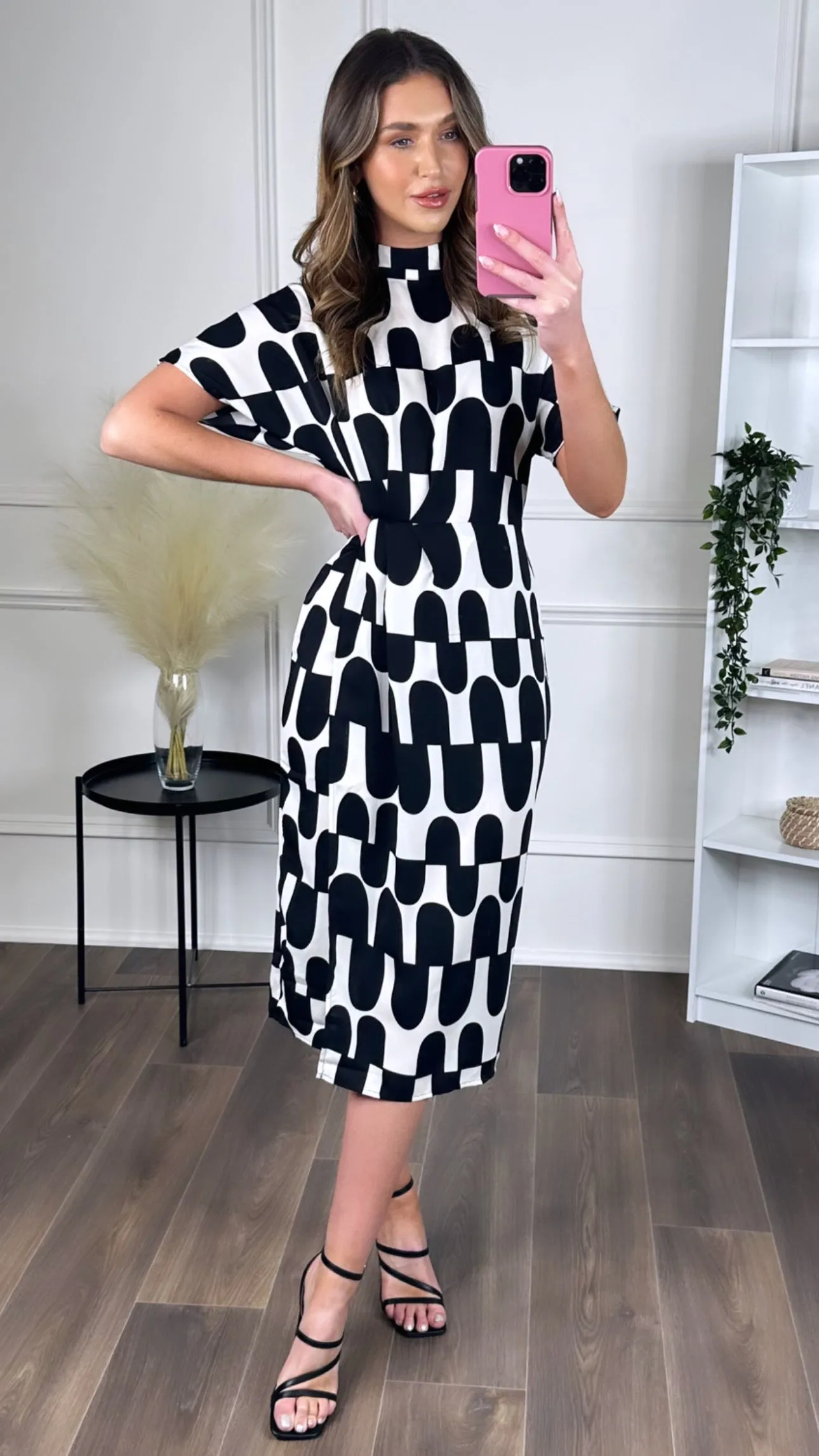 Cher Black And Cream Abstract Print High Neck Midi Dress