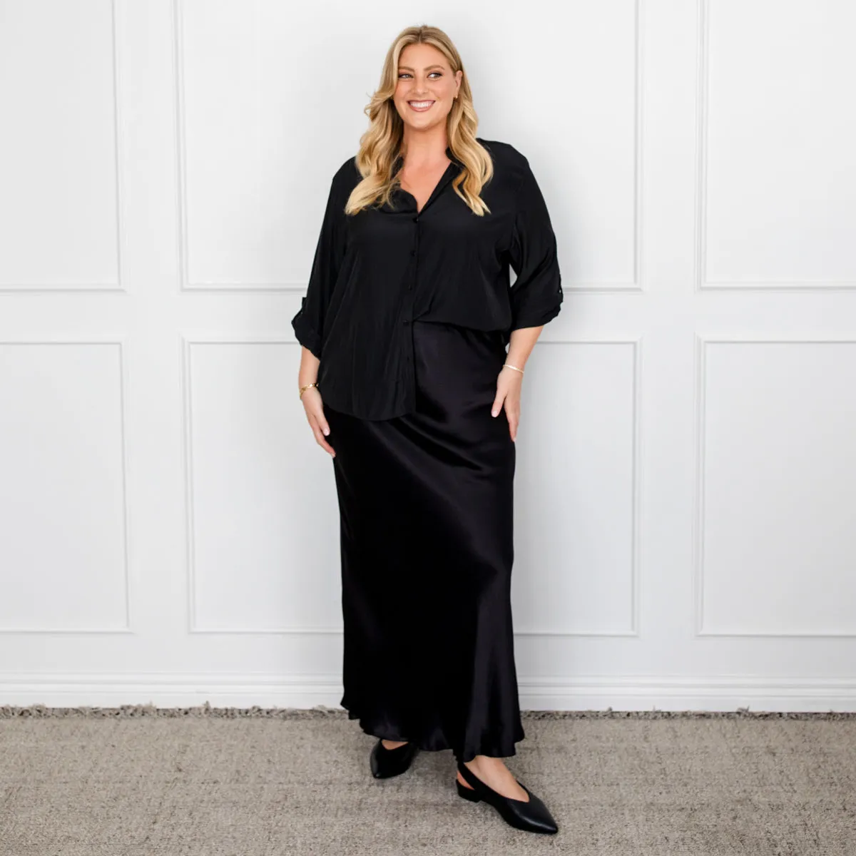 Debbie satin maxi slip skirt - black