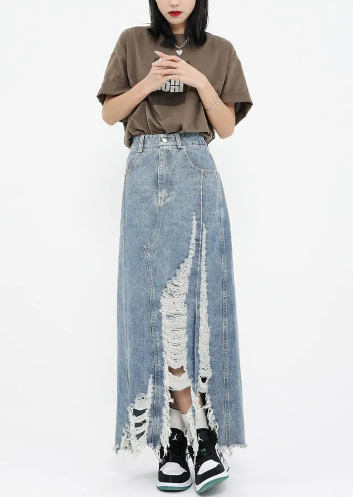 Distressed Denim Midi Skirt
