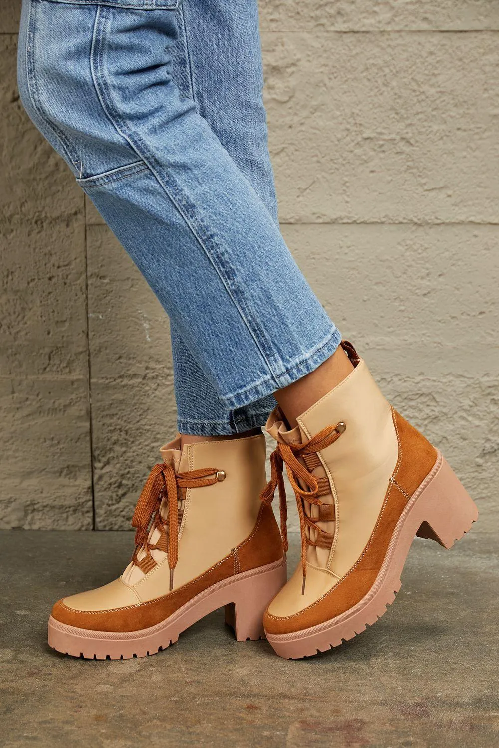 East Lion Color Block Lug Women's Lace Up Booties