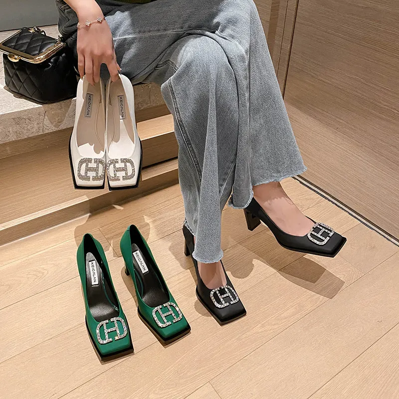 Giada Rhinestone Block Heels Black