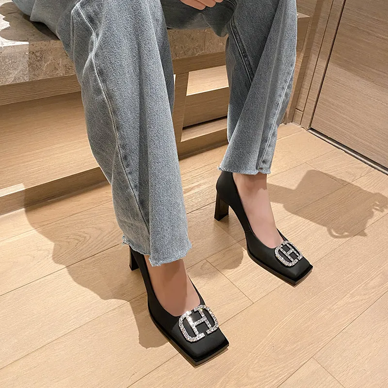 Giada Rhinestone Block Heels Black