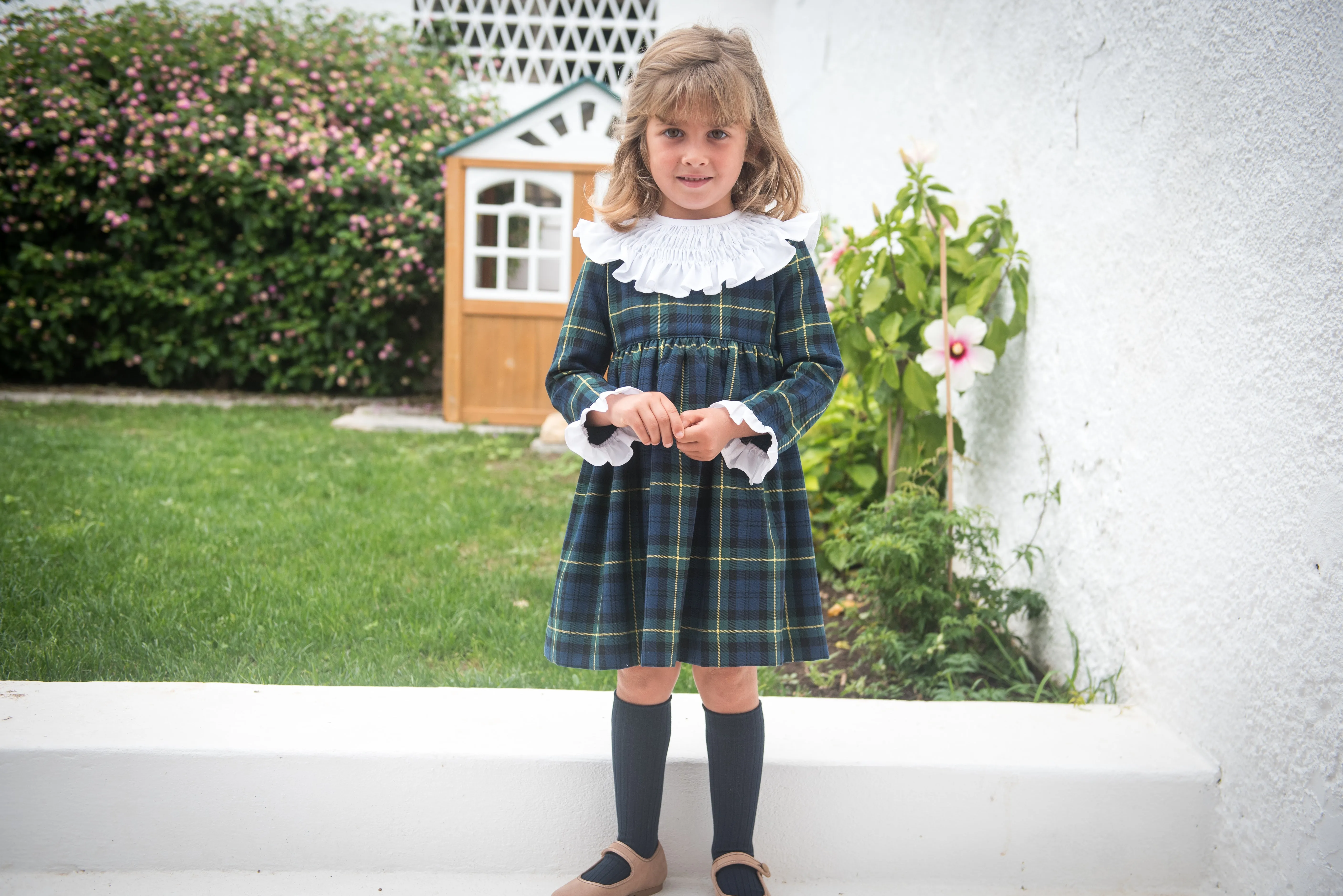 Green Plaid Dress with Smocked Collar