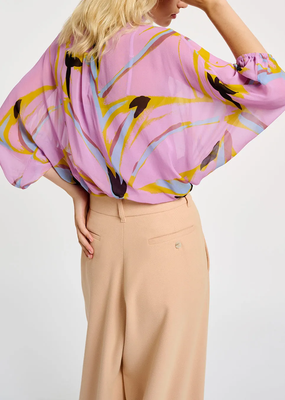 Lilac abstract-print top with puffed sleeves