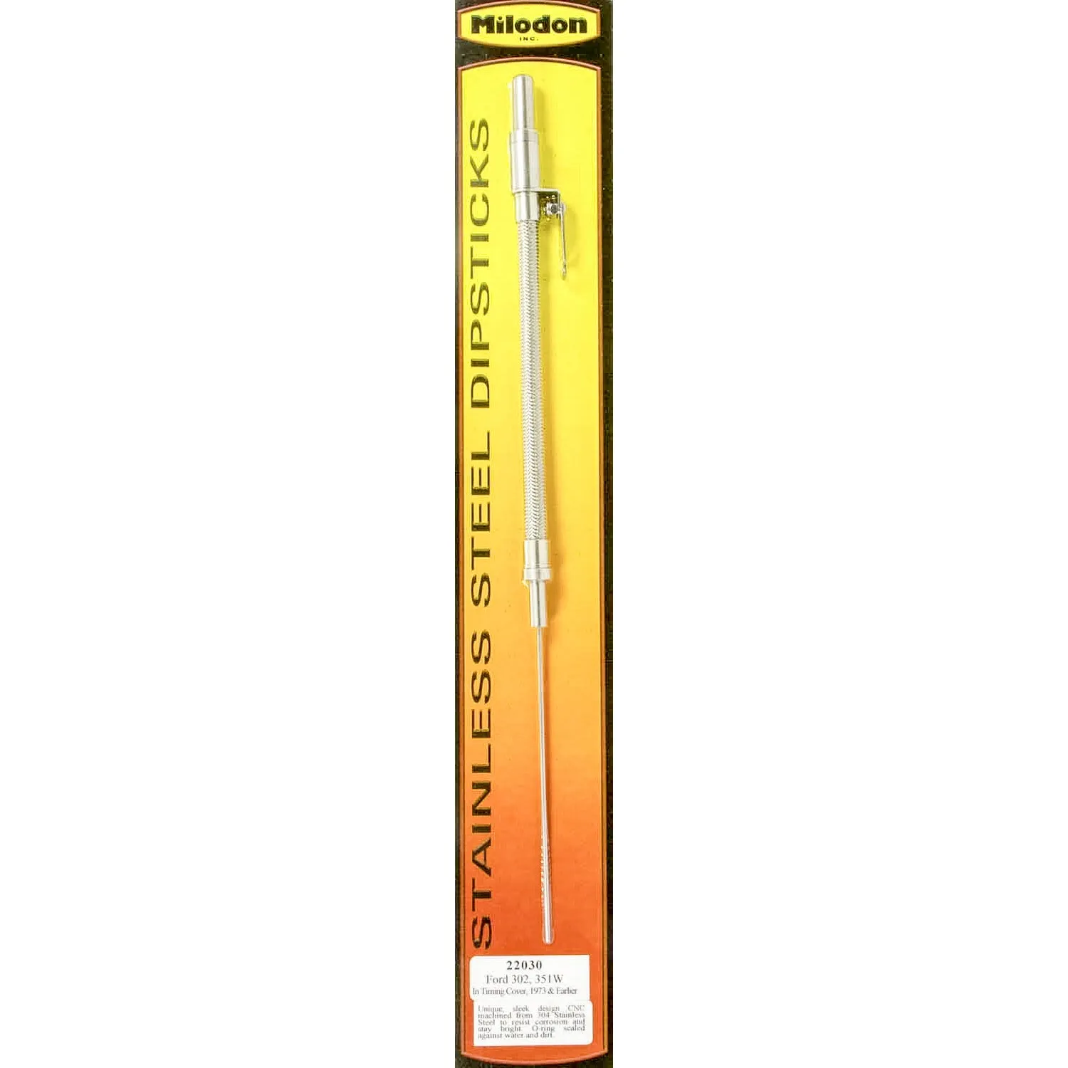 Milodon SB Ford Stainless Steel Engine Dipstick - Into Timing Cover