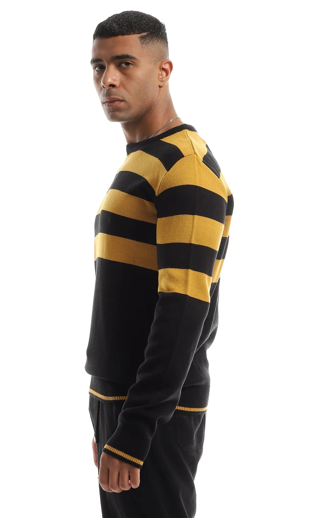 O151309 Wide Stripes Black & Orange Pullover With Long Sleeves