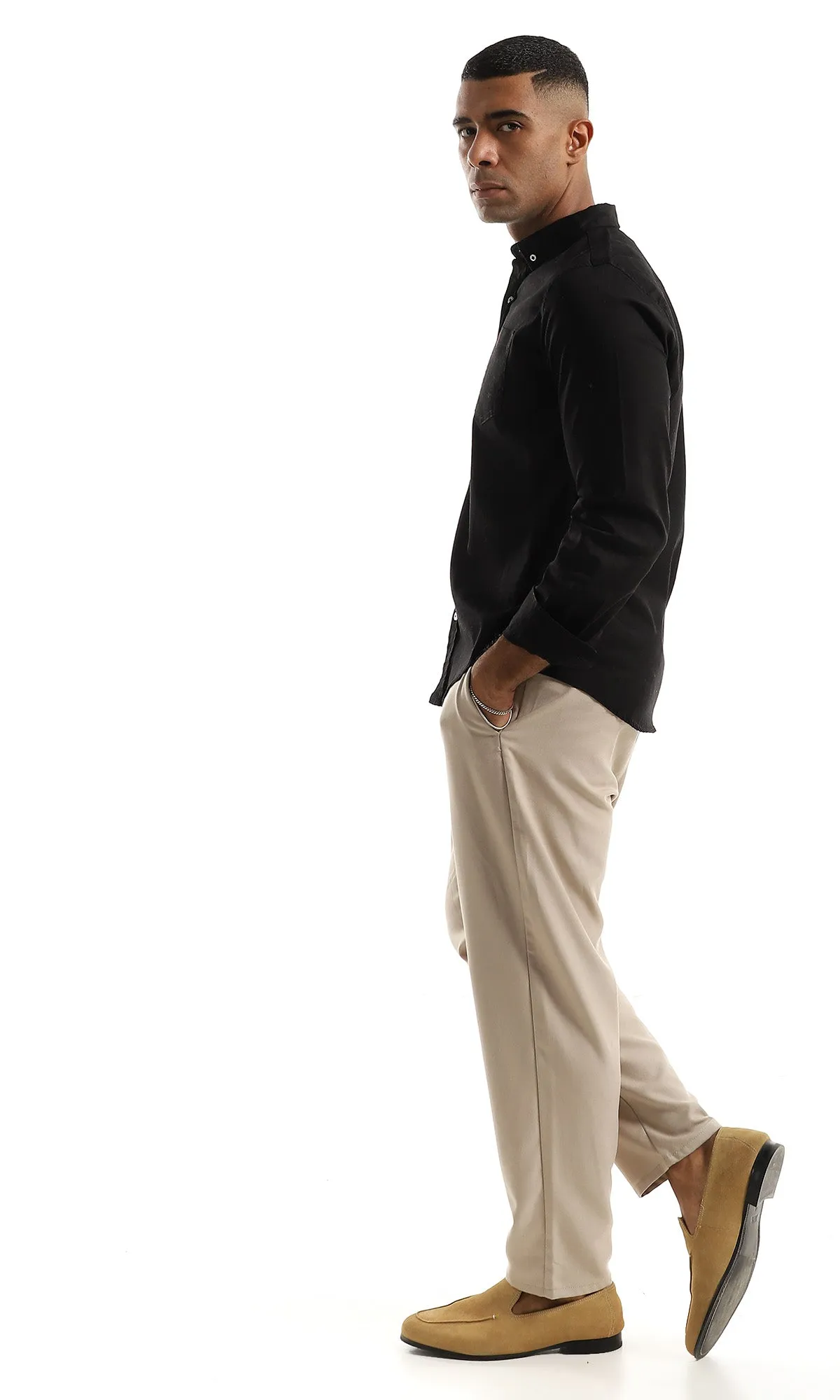 O153380 Side Chest Pocket Plain Full Buttoned Black Shirt