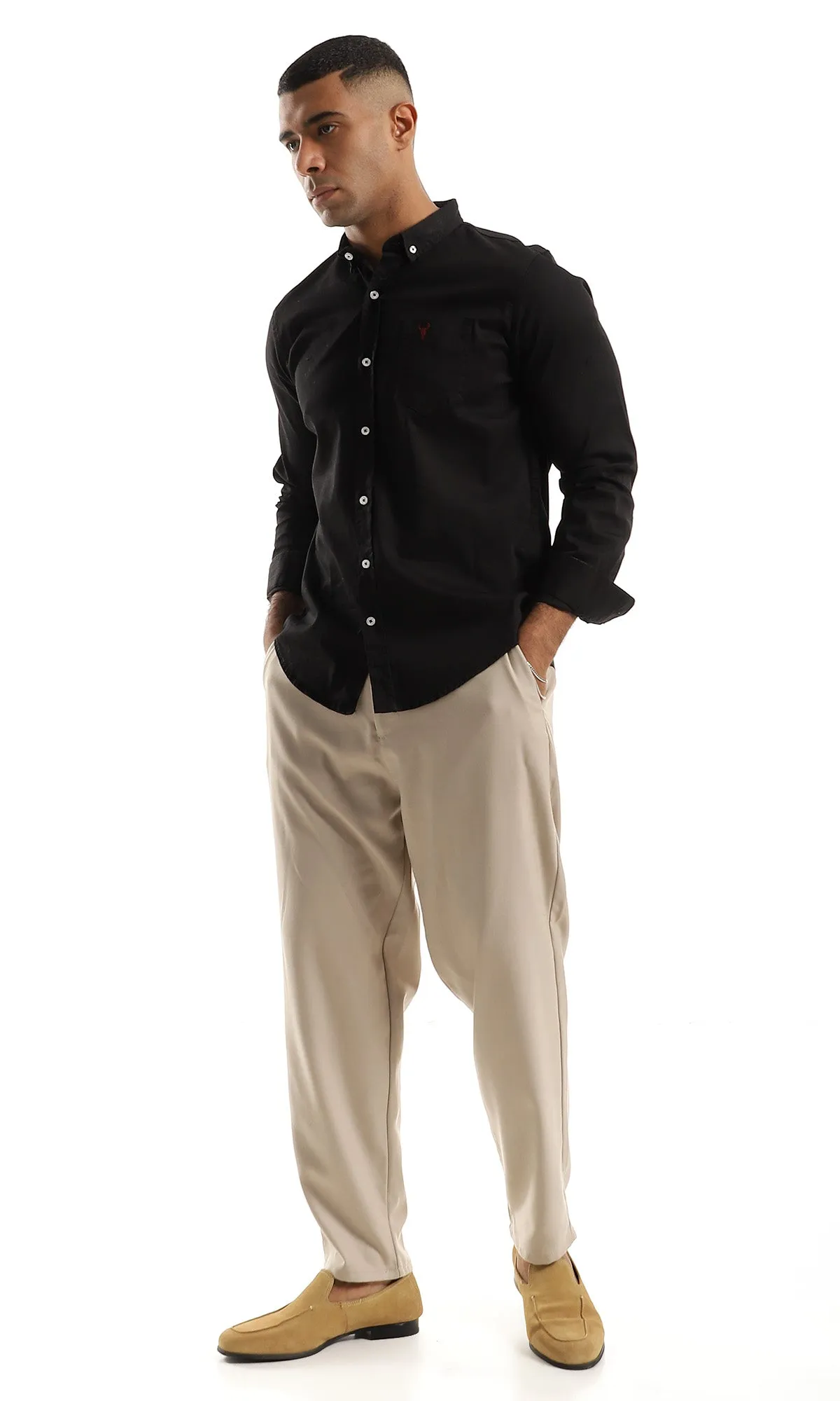 O153380 Side Chest Pocket Plain Full Buttoned Black Shirt