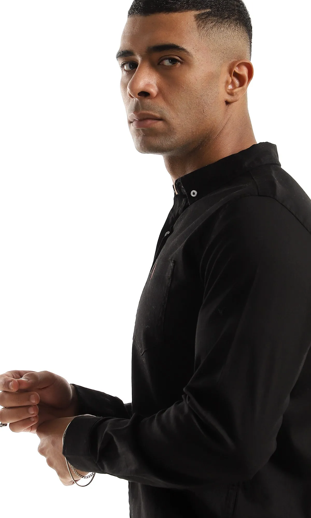 O153380 Side Chest Pocket Plain Full Buttoned Black Shirt