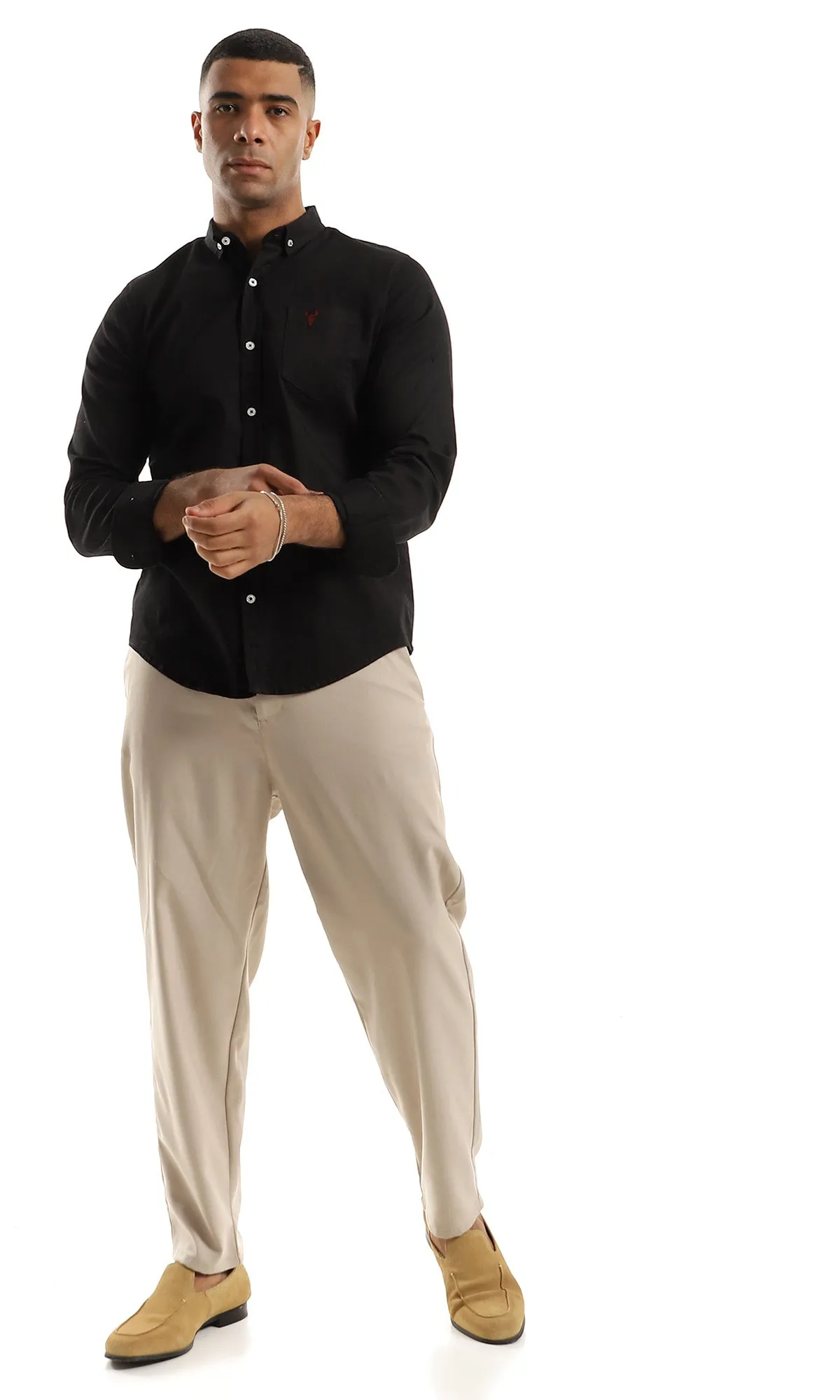 O153380 Side Chest Pocket Plain Full Buttoned Black Shirt