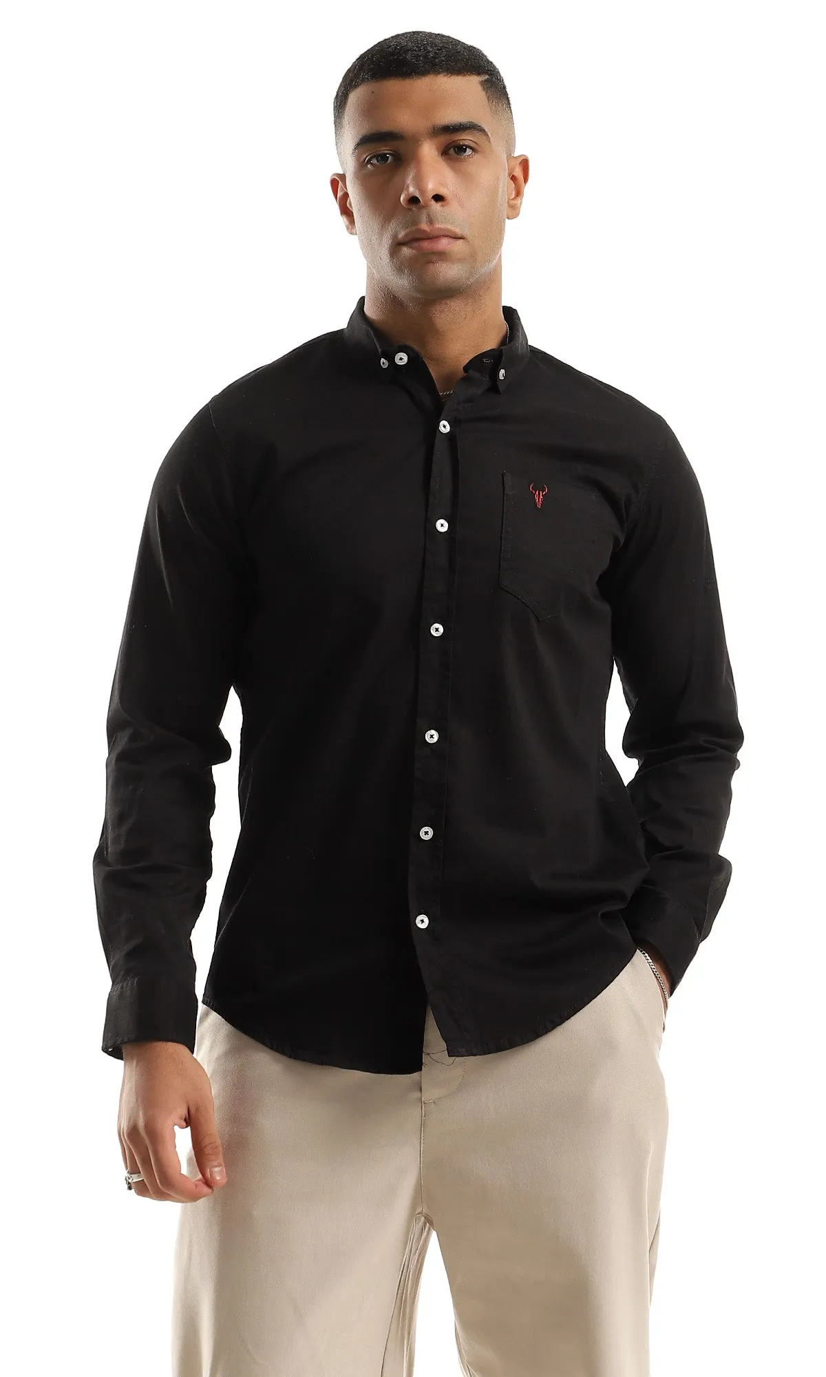 O153380 Side Chest Pocket Plain Full Buttoned Black Shirt