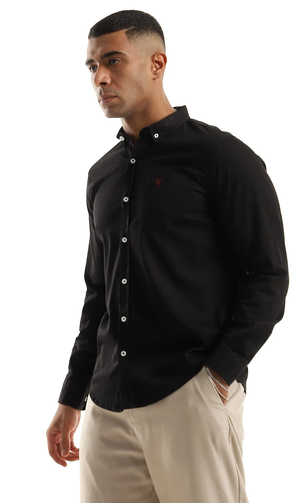 O153380 Side Chest Pocket Plain Full Buttoned Black Shirt