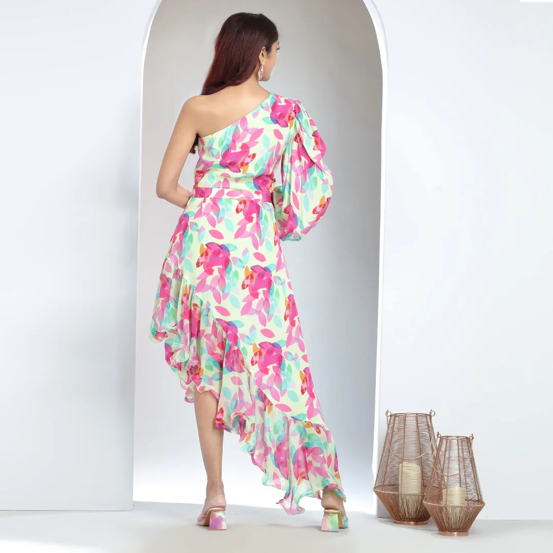 One-Shoulder Abstract Print Dress with Flirty Waist Cut-Out