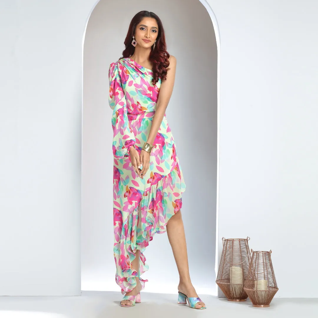 One-Shoulder Abstract Print Dress with Flirty Waist Cut-Out