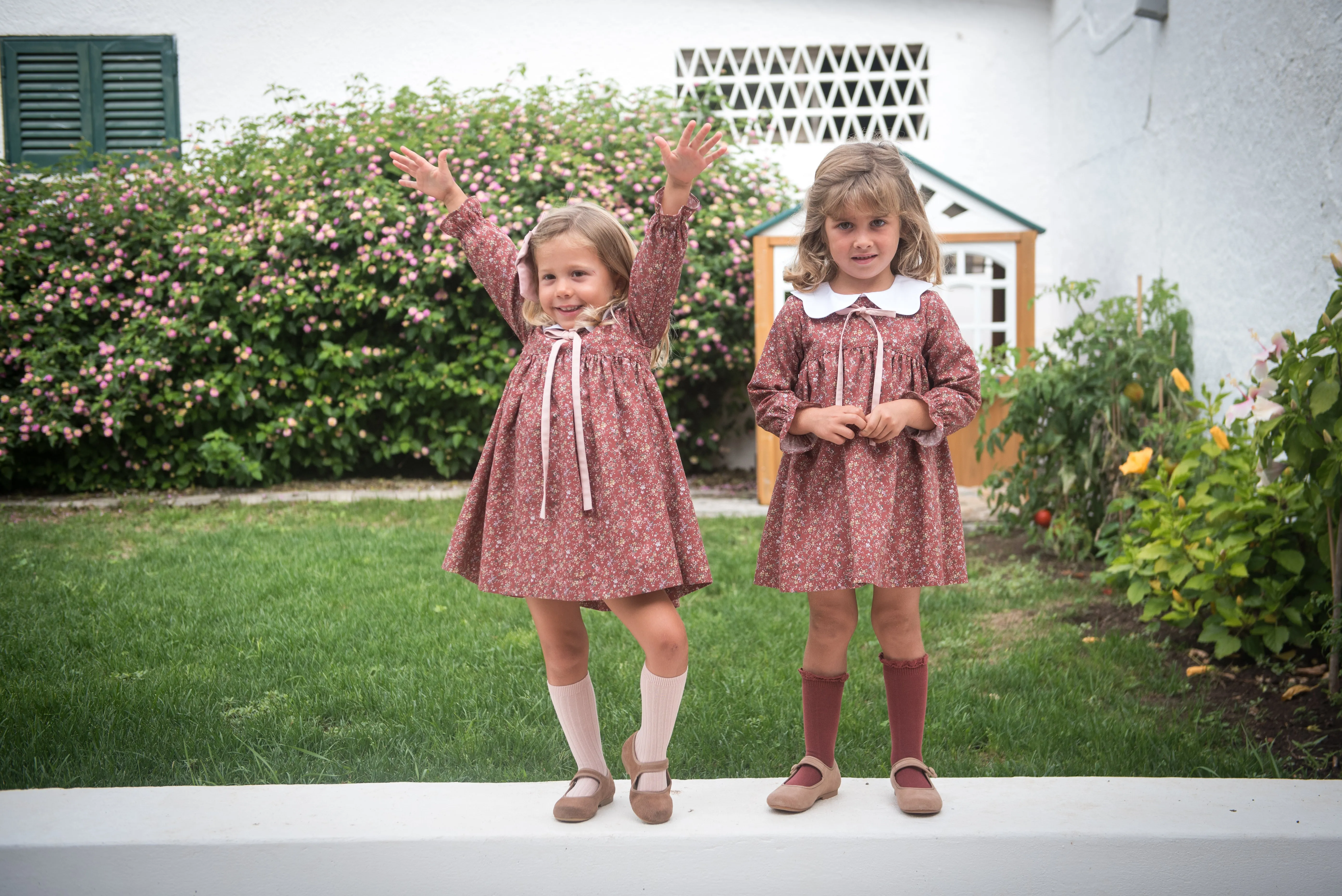Pale Red Cotton Floral Dress with Collar