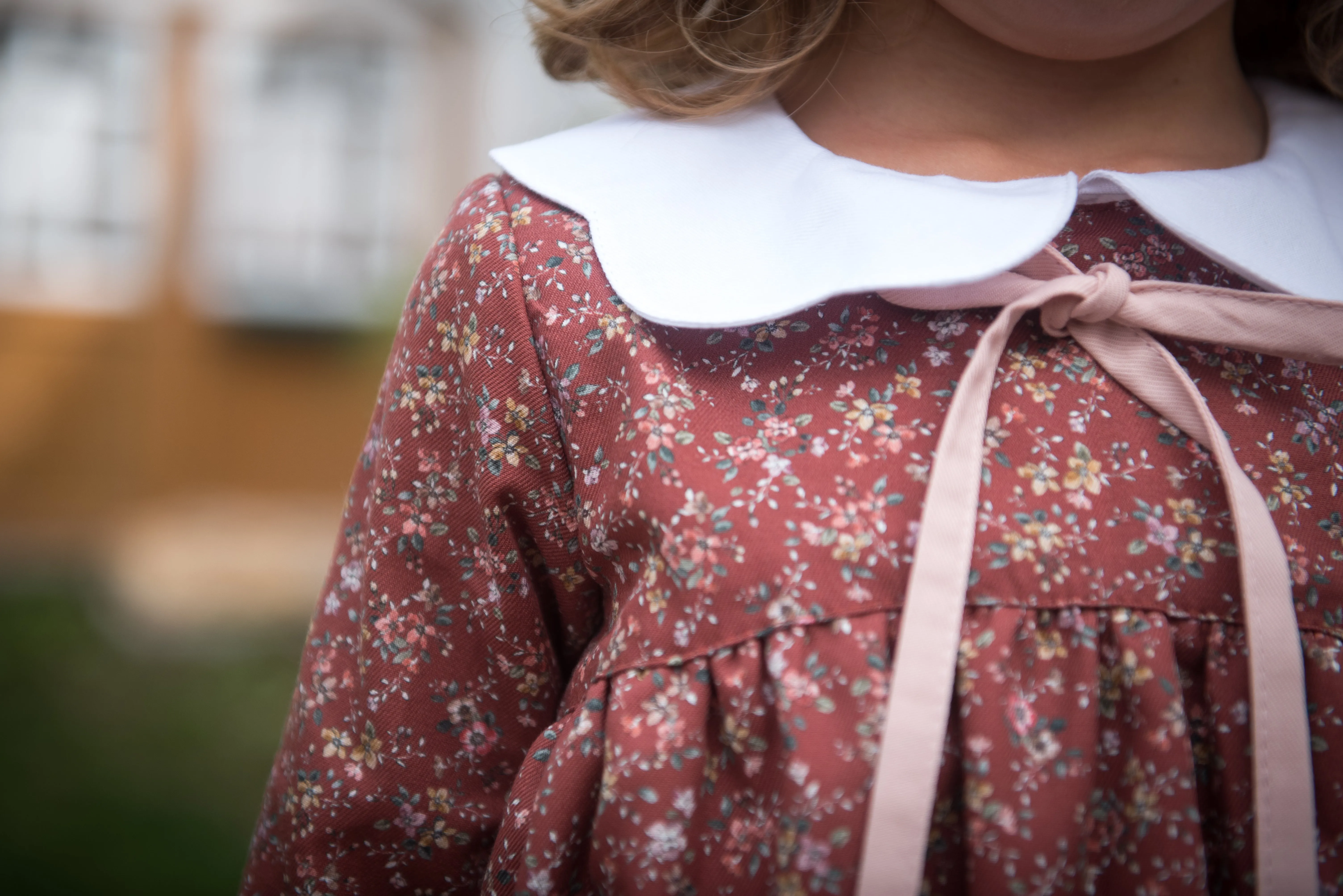 Pale Red Cotton Floral Dress with Collar