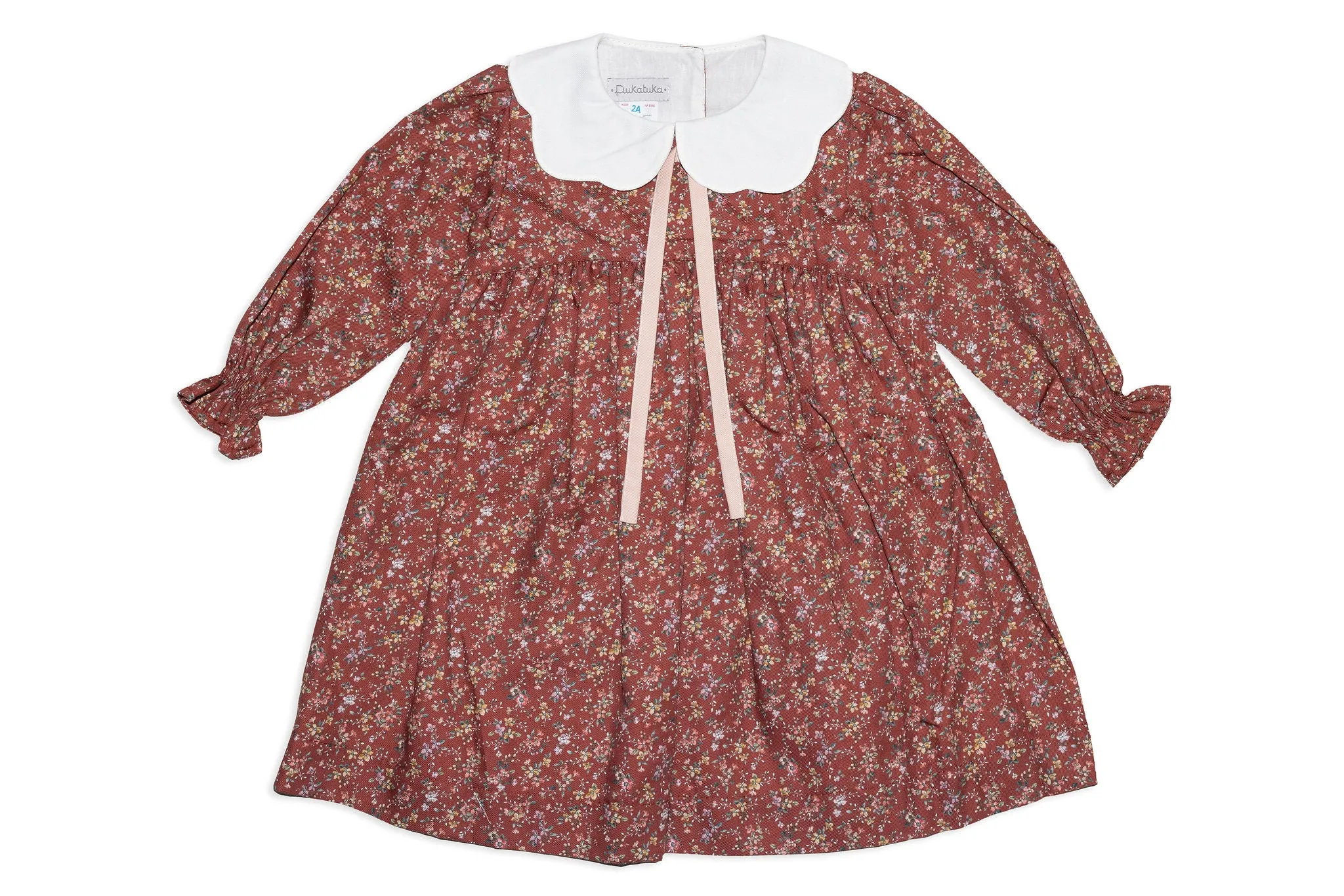 Pale Red Cotton Floral Dress with Collar