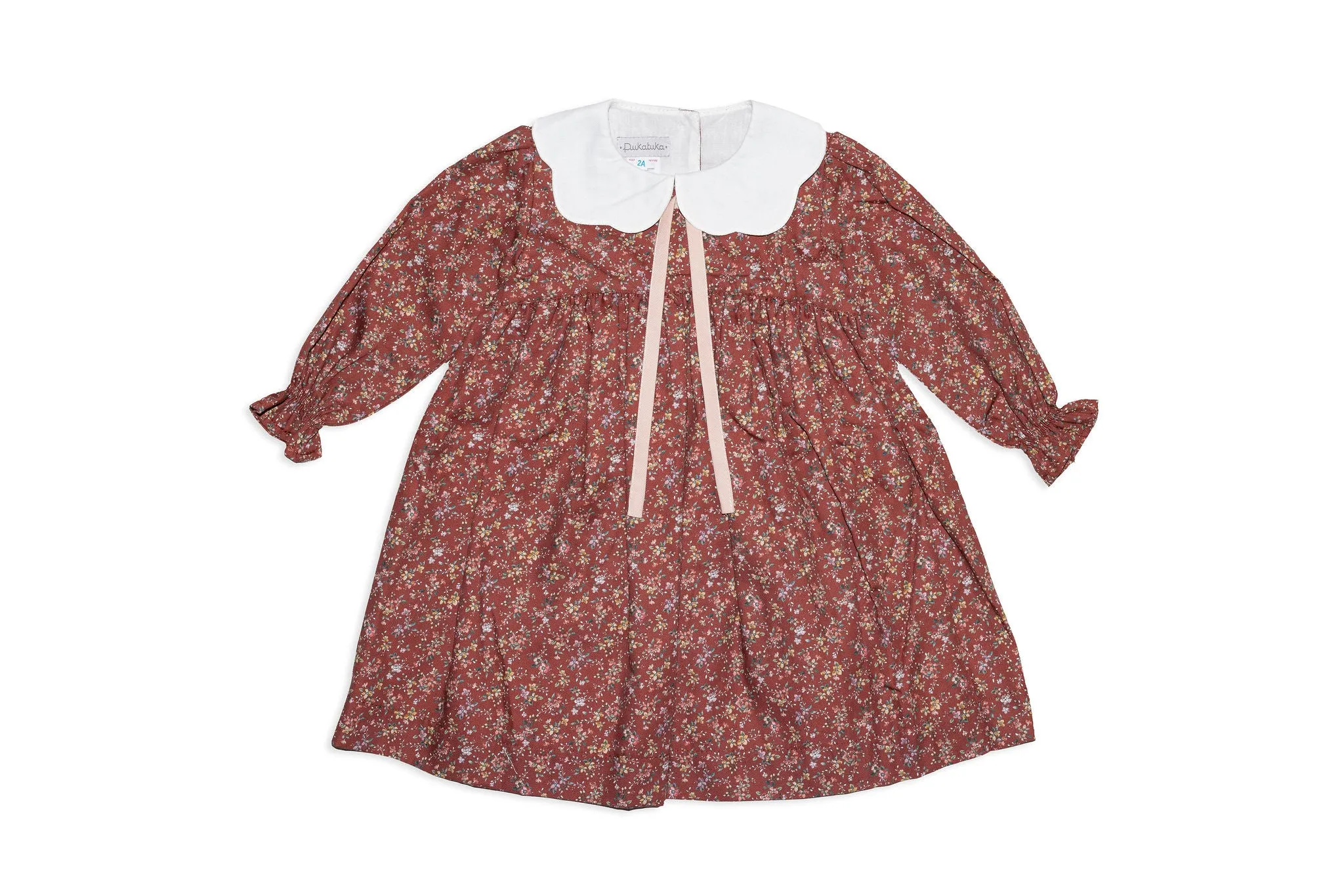 Pale Red Cotton Floral Dress with Collar