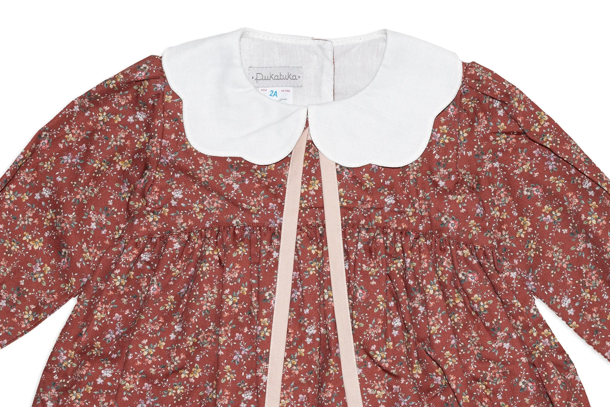 Pale Red Cotton Floral Dress with Collar