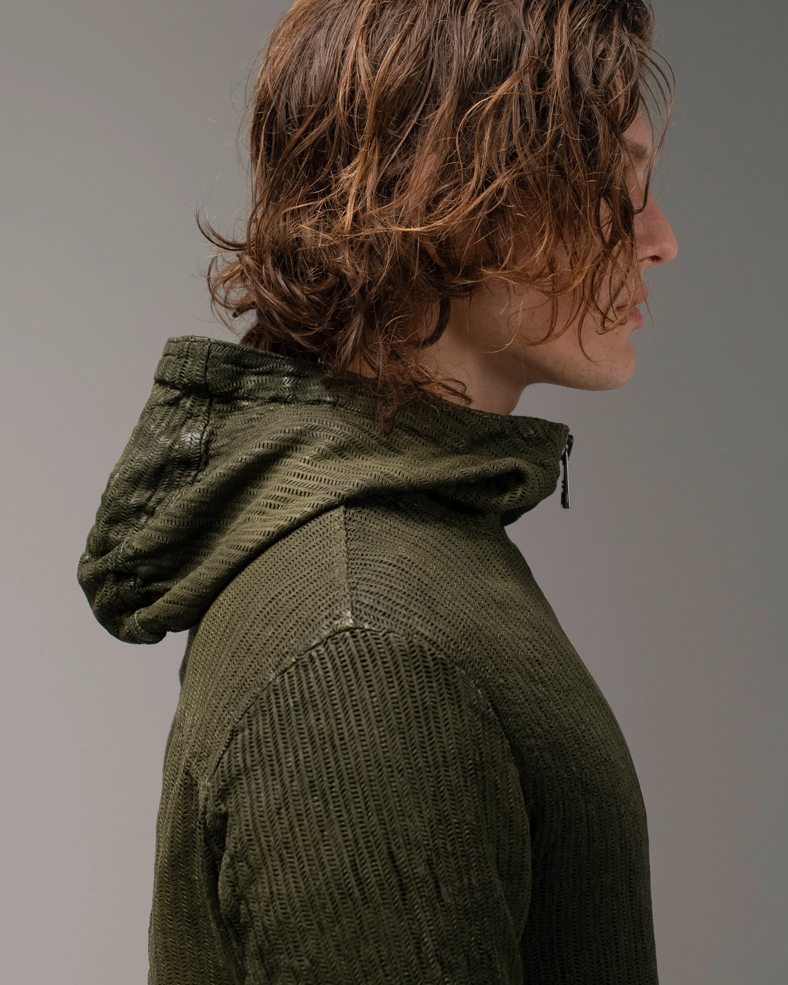 Perforated Leather Hooded Jacket Jungle
