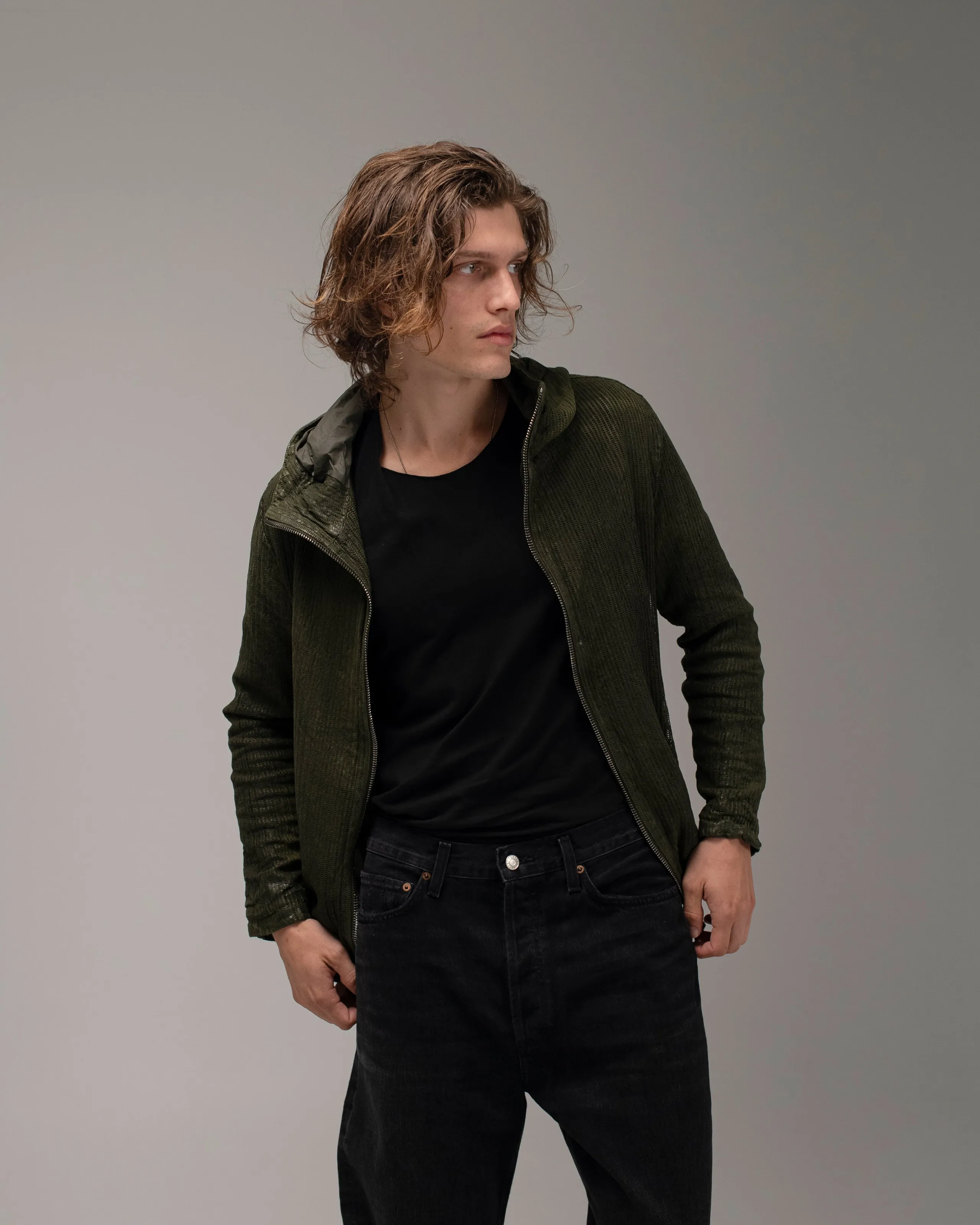 Perforated Leather Hooded Jacket Jungle
