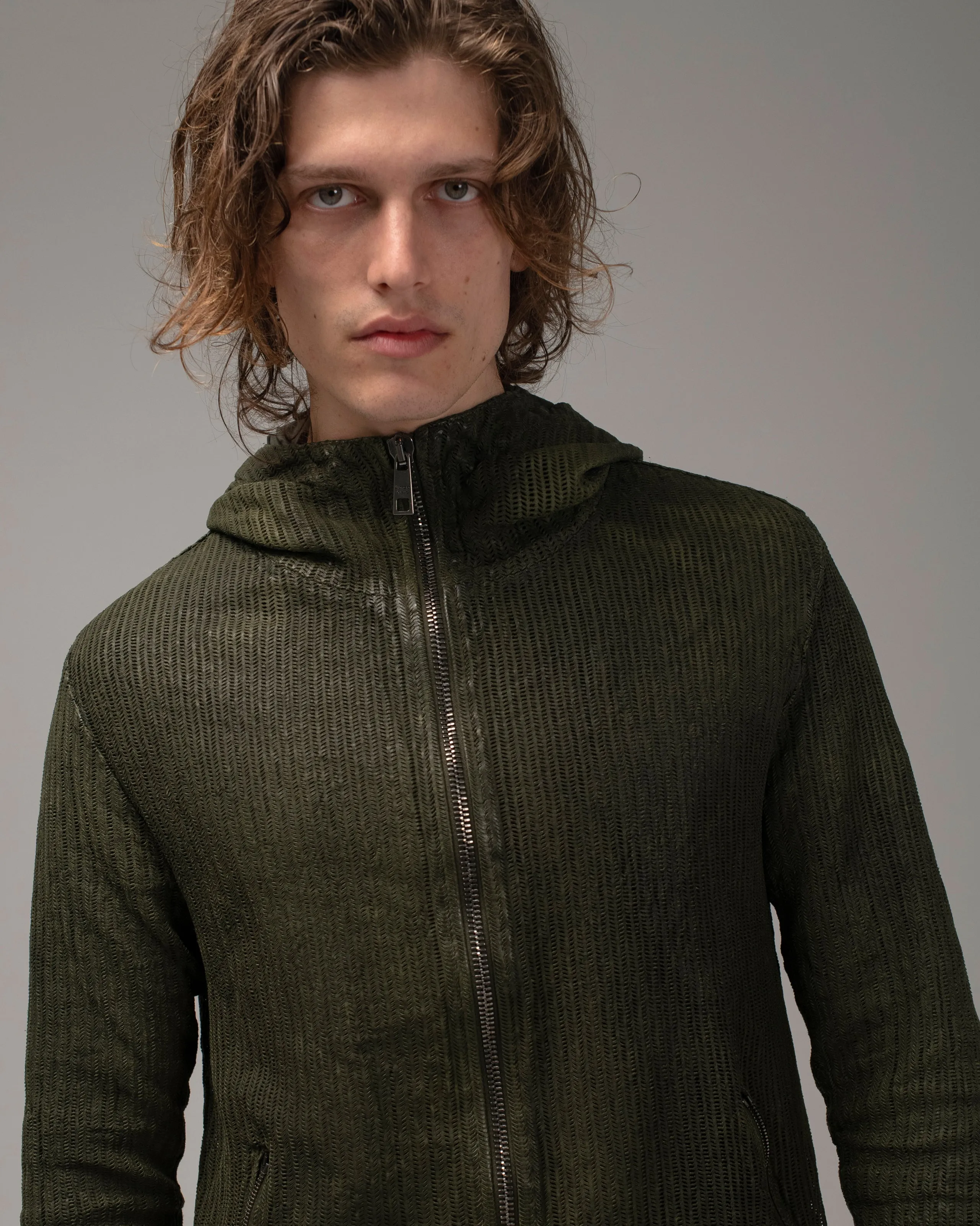 Perforated Leather Hooded Jacket Jungle