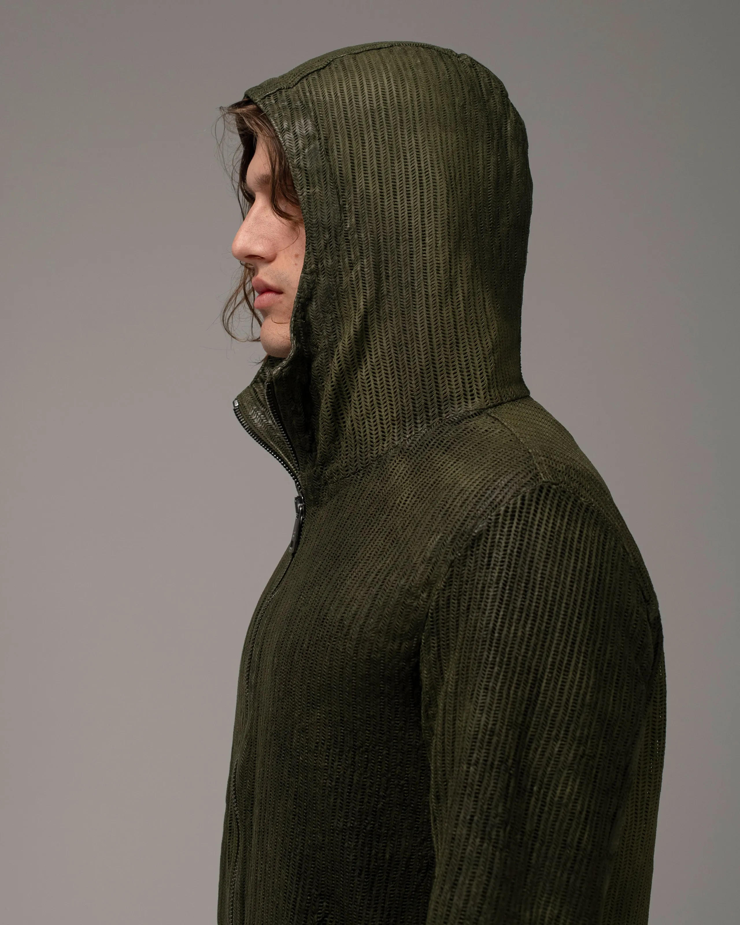 Perforated Leather Hooded Jacket Jungle