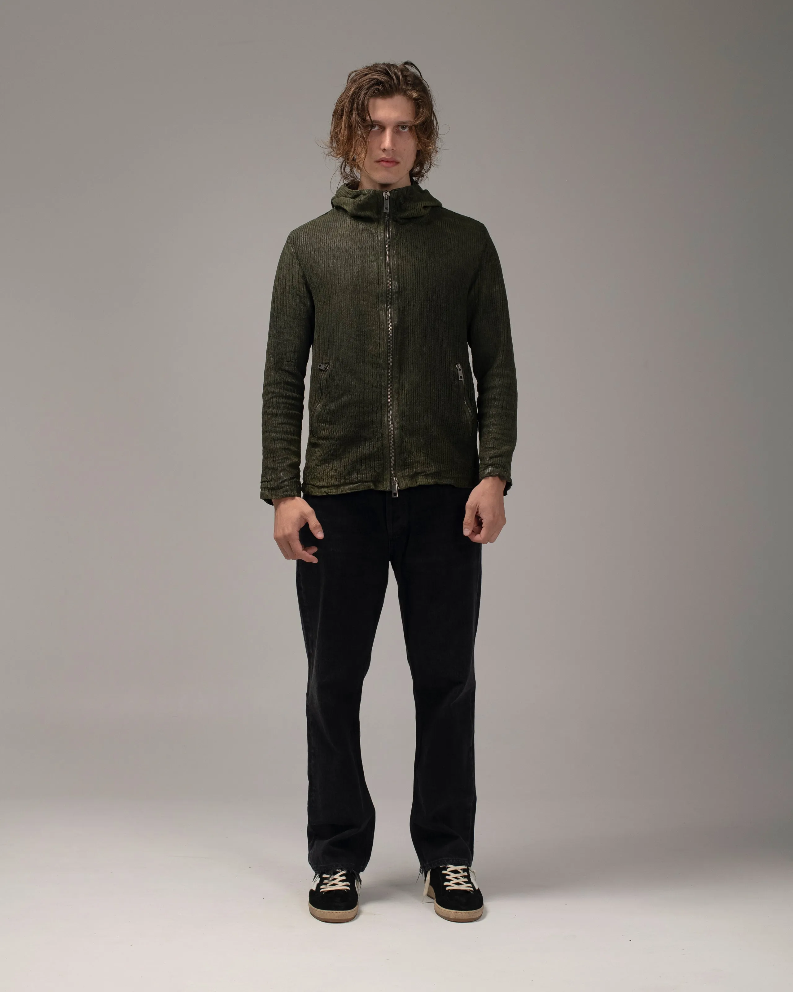 Perforated Leather Hooded Jacket Jungle