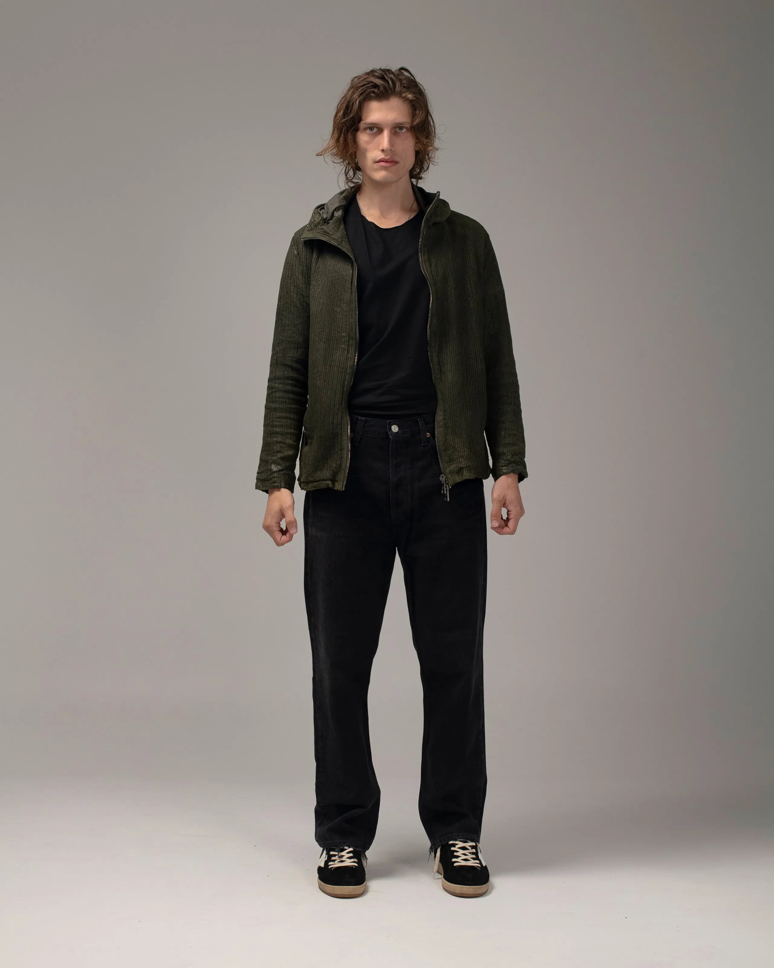 Perforated Leather Hooded Jacket Jungle
