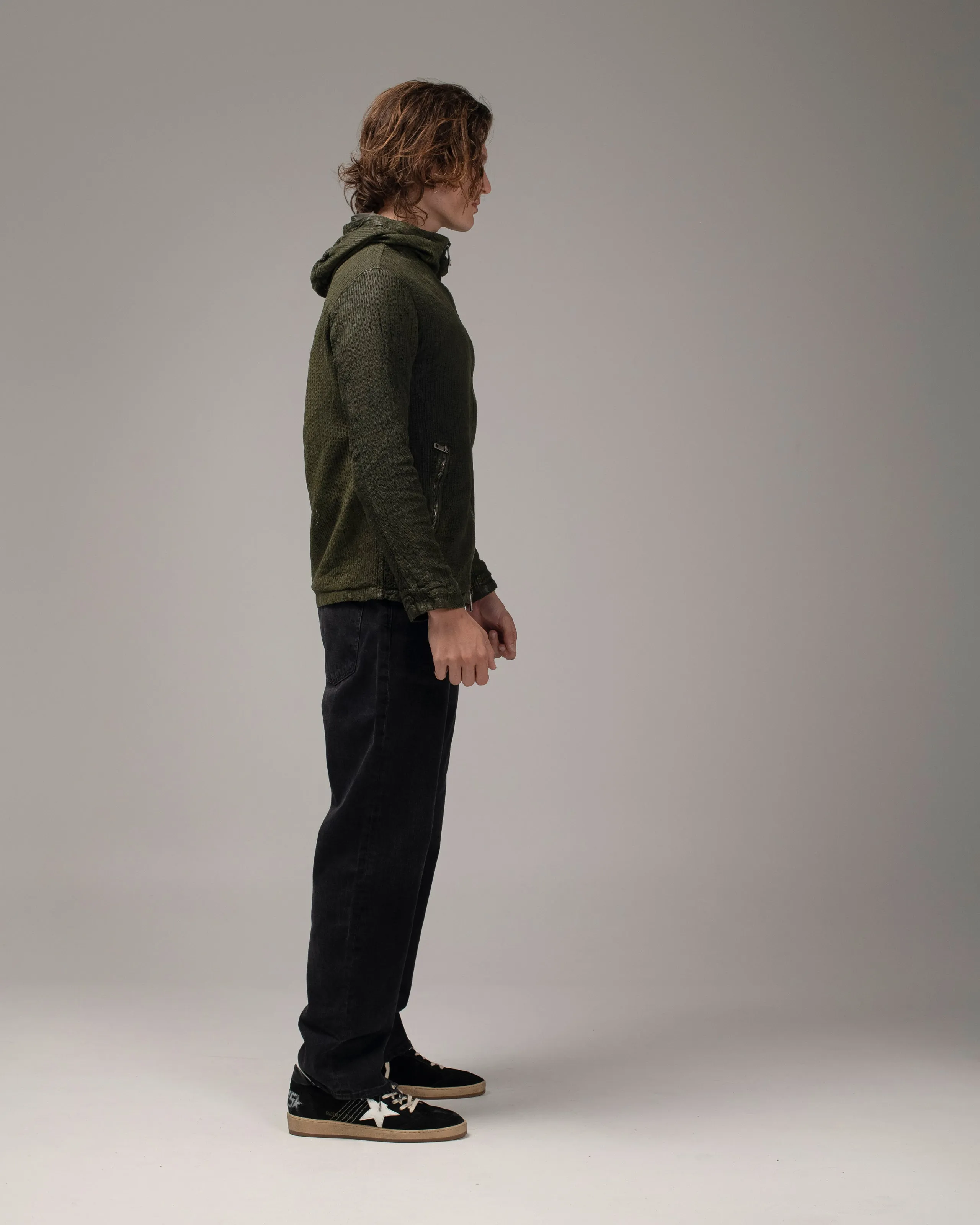 Perforated Leather Hooded Jacket Jungle