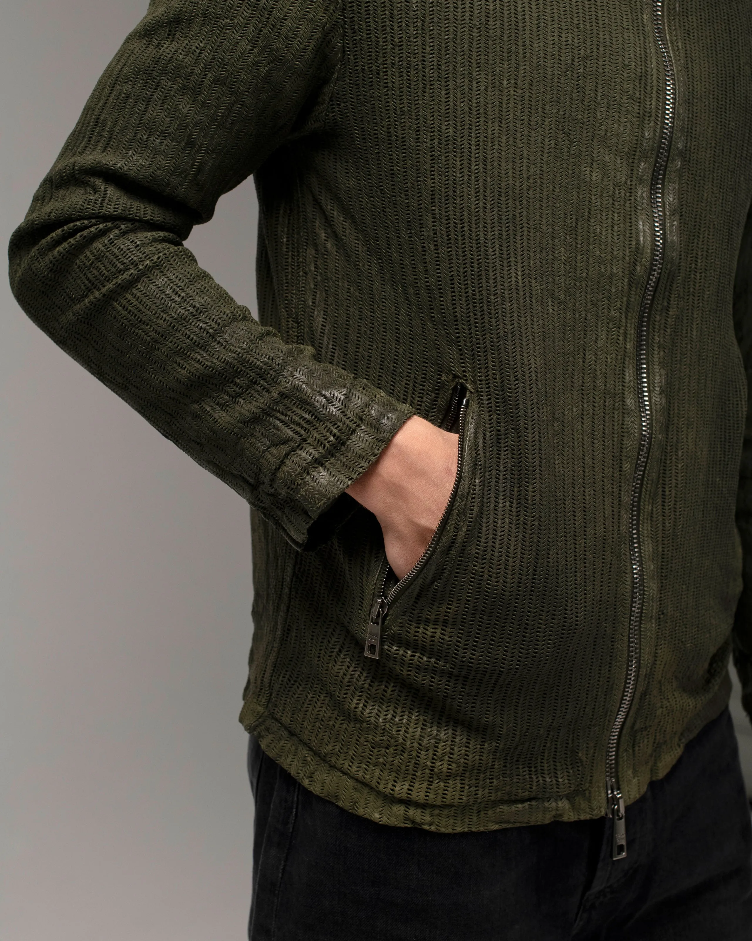 Perforated Leather Hooded Jacket Jungle