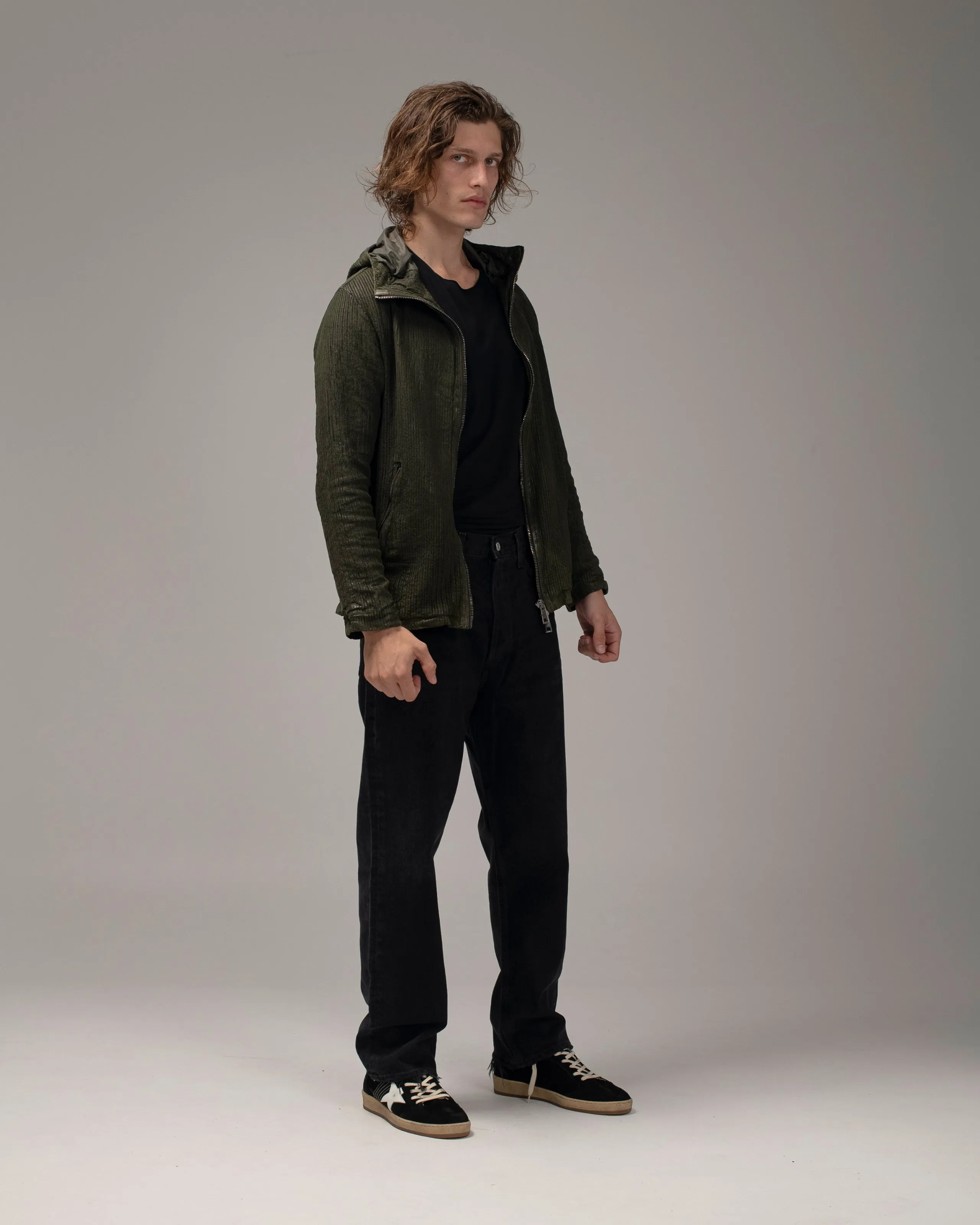 Perforated Leather Hooded Jacket Jungle