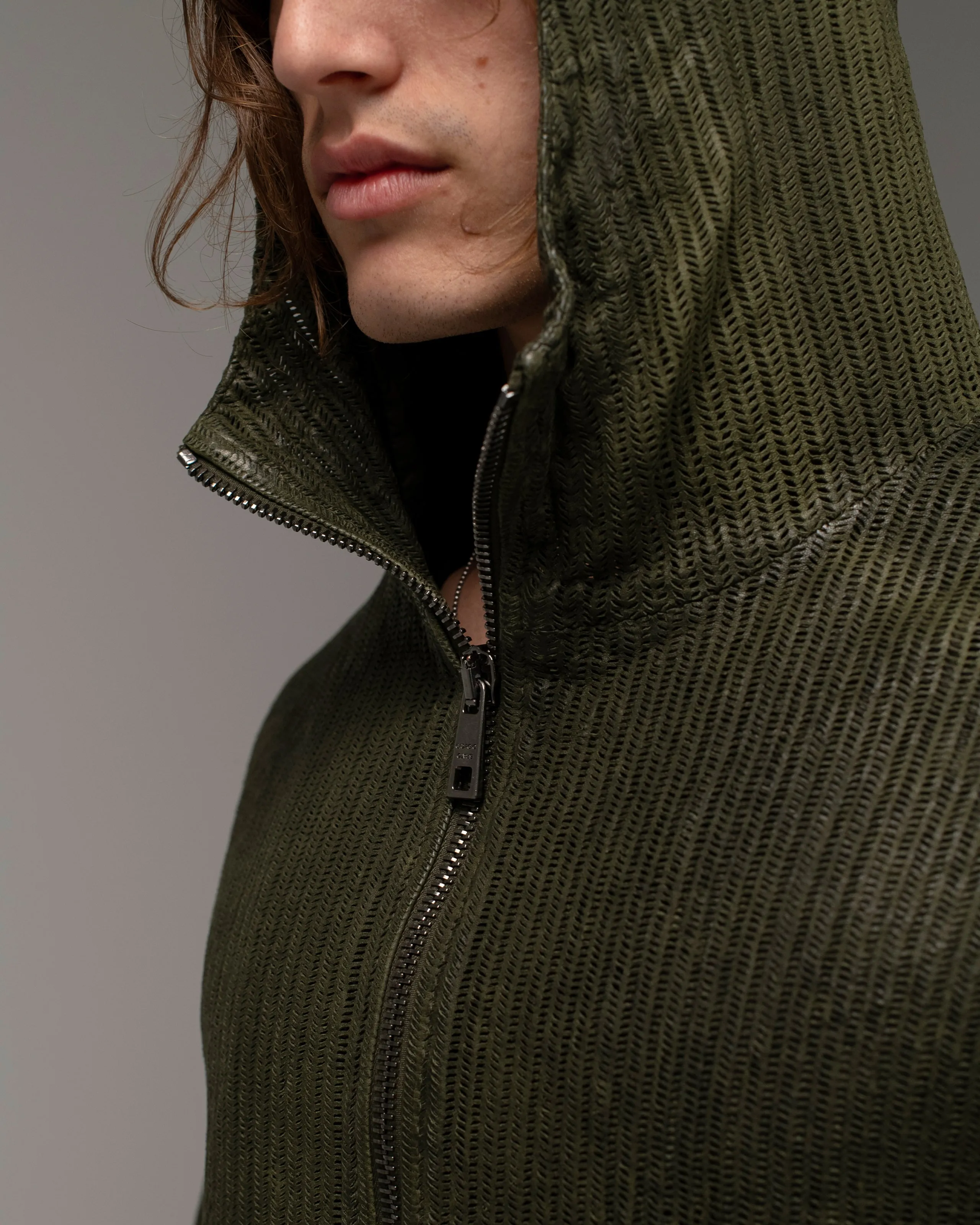 Perforated Leather Hooded Jacket Jungle
