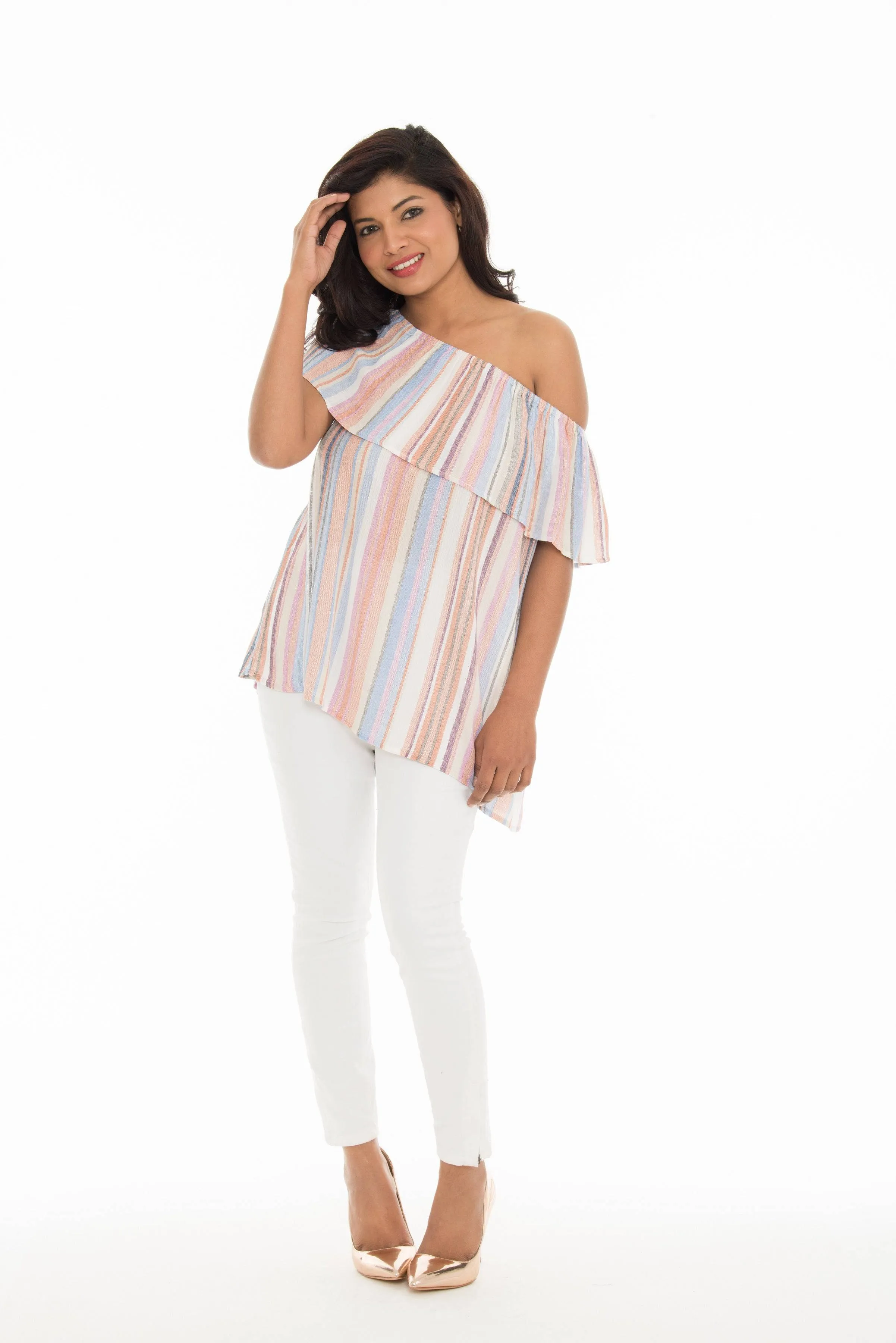 Pink Stripe Ruffled Off-Shoulder Top