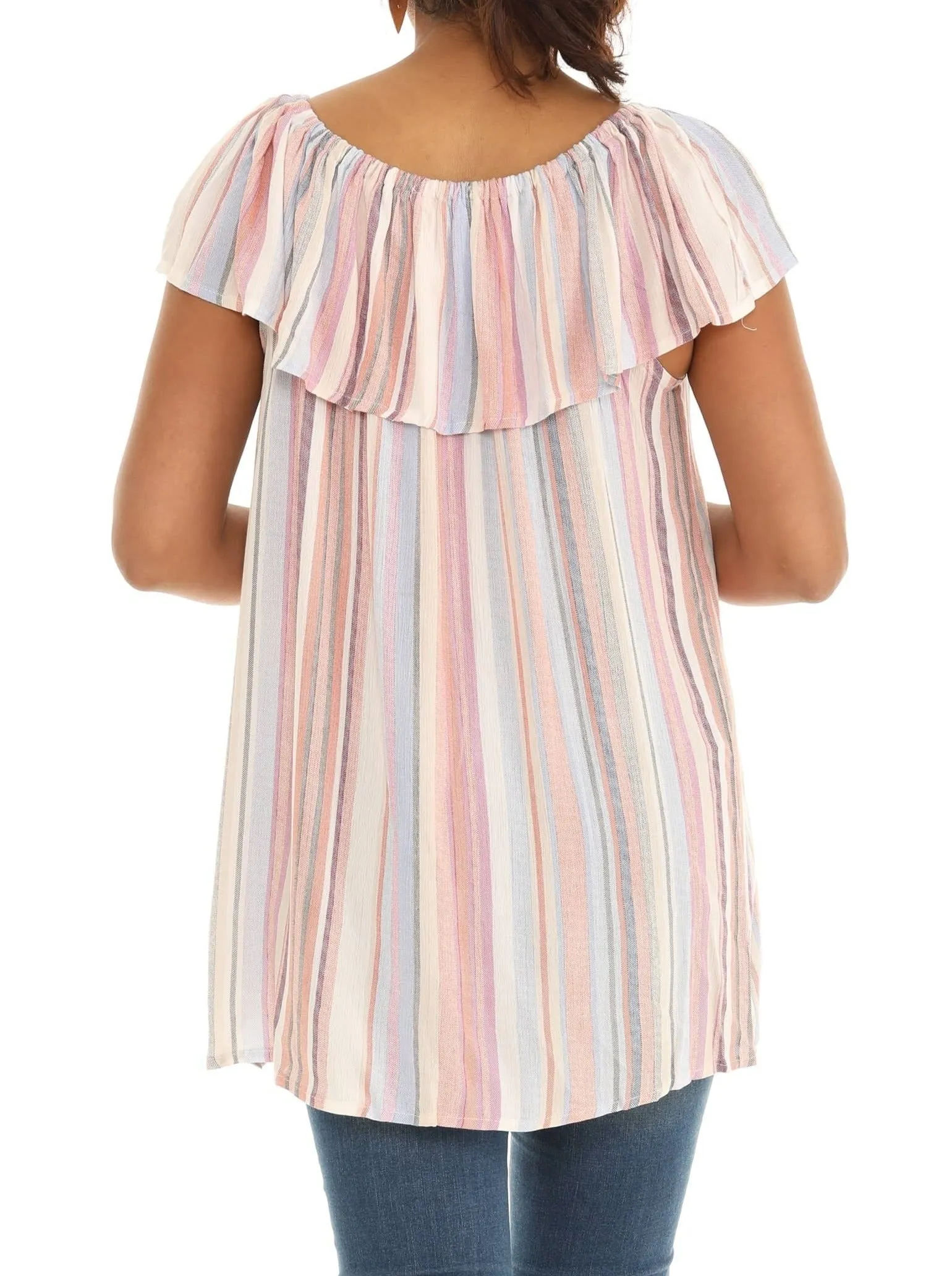 Pink Stripe Ruffled Off-Shoulder Top