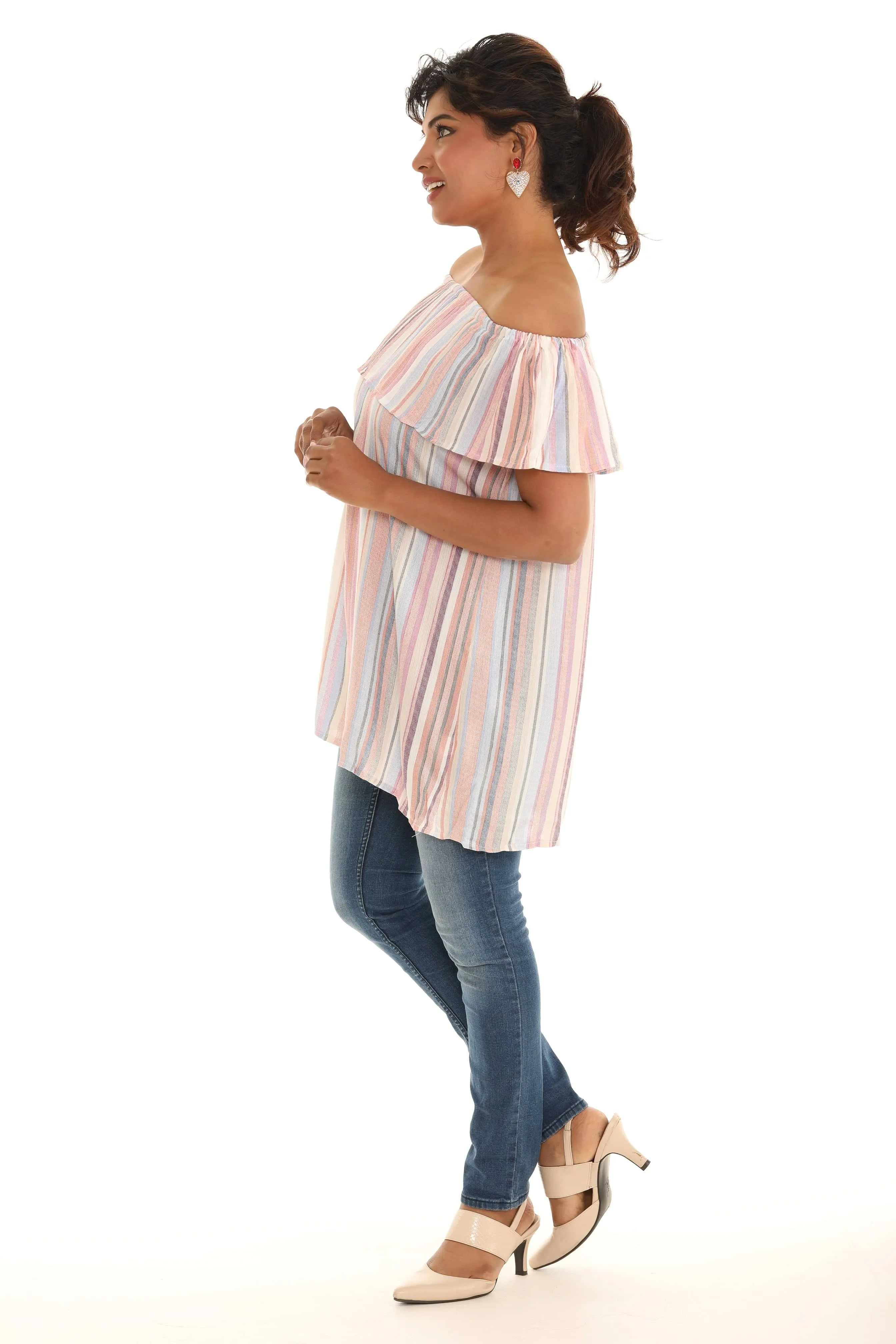 Pink Stripe Ruffled Off-Shoulder Top