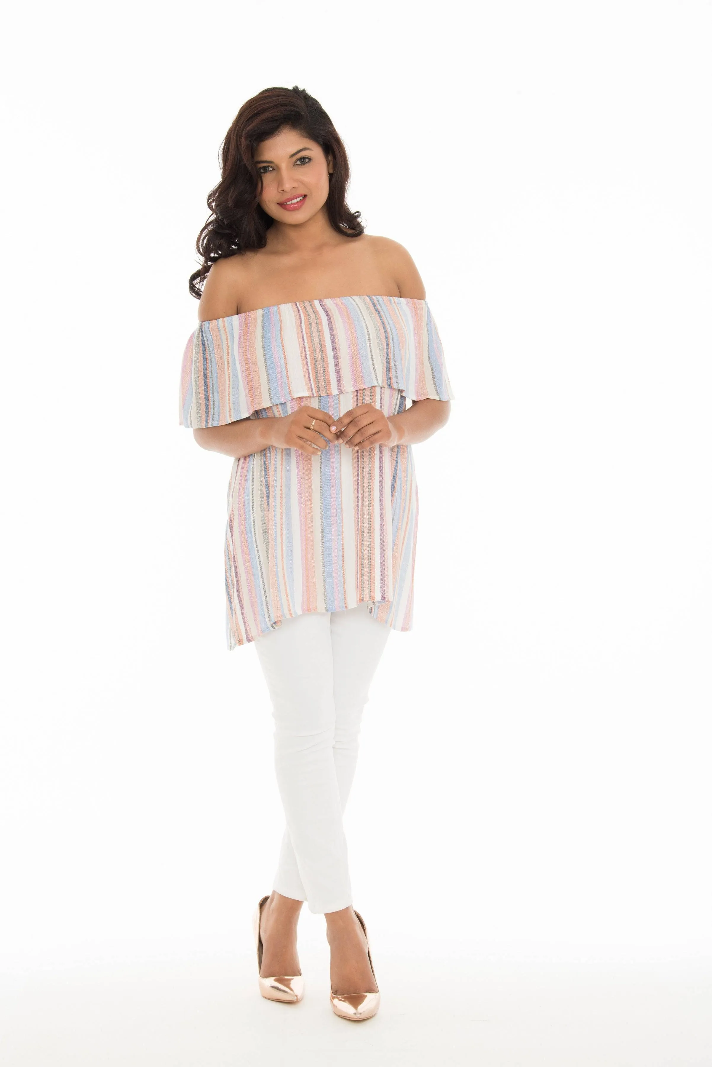 Pink Stripe Ruffled Off-Shoulder Top