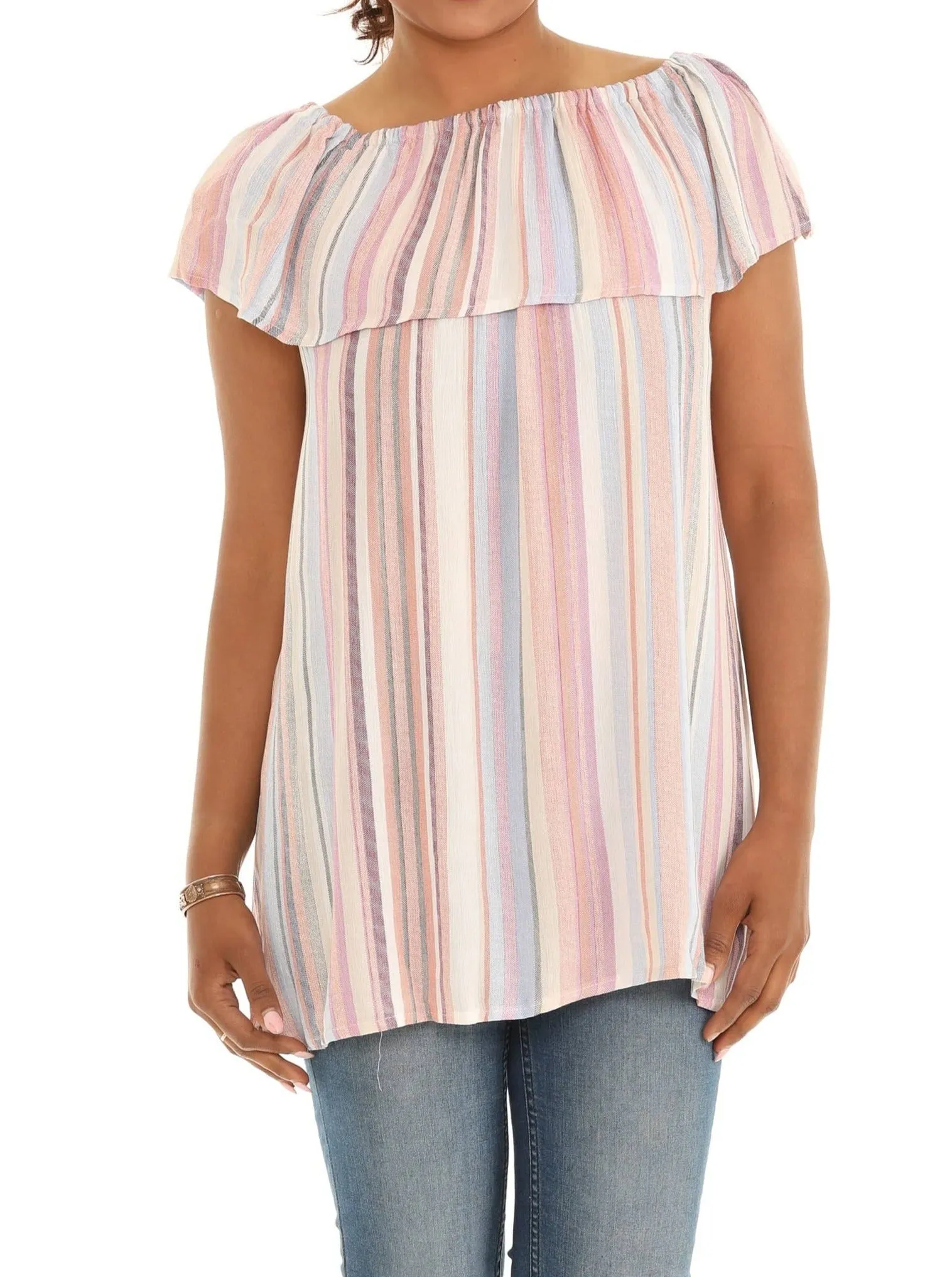 Pink Stripe Ruffled Off-Shoulder Top