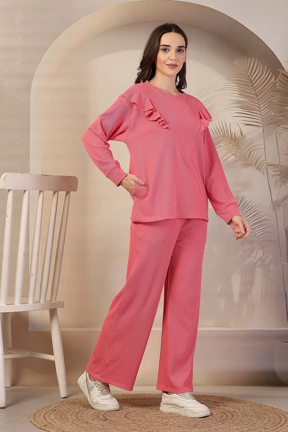 Ruffled Maternity Feeding Co-ord Set - Pink