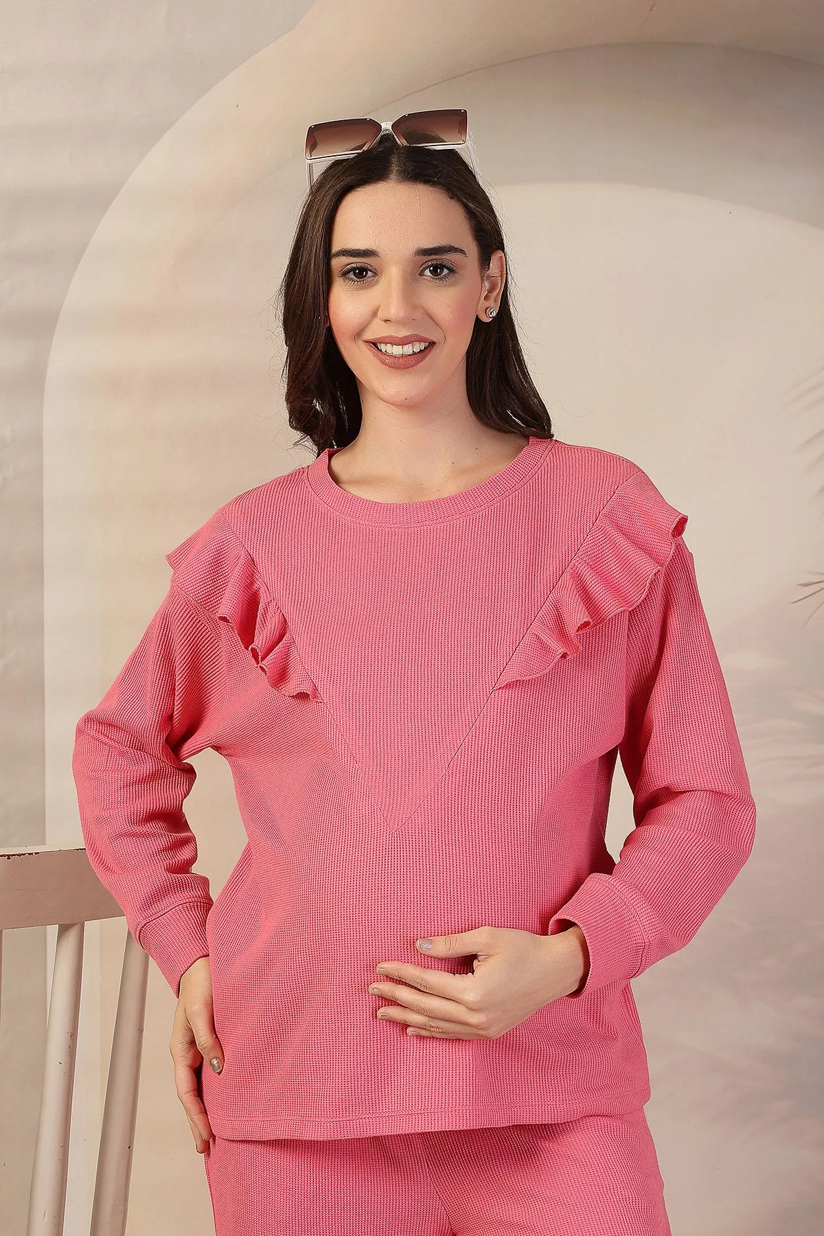 Ruffled Maternity Feeding Co-ord Set - Pink