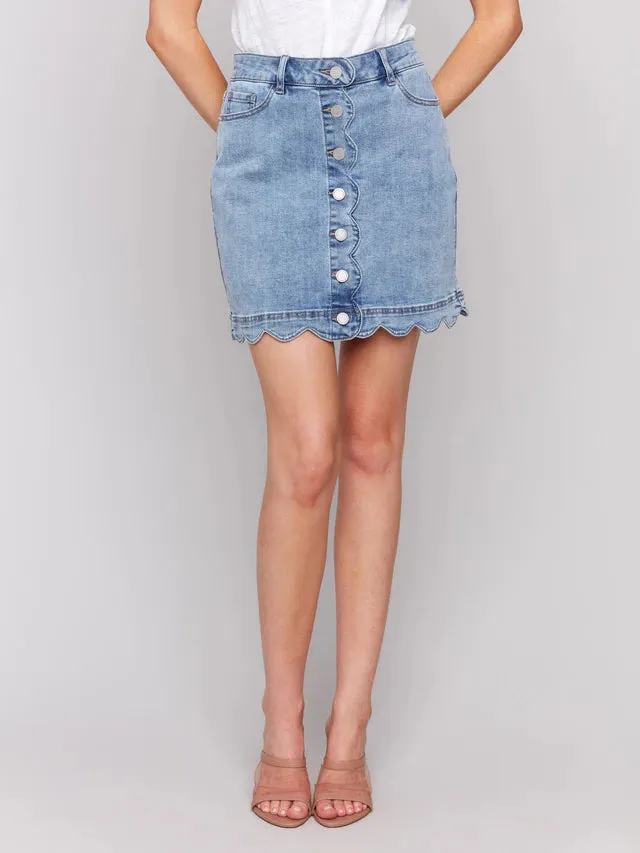 Scalloped Hem Button-Front Denim SKORT - Light Blue