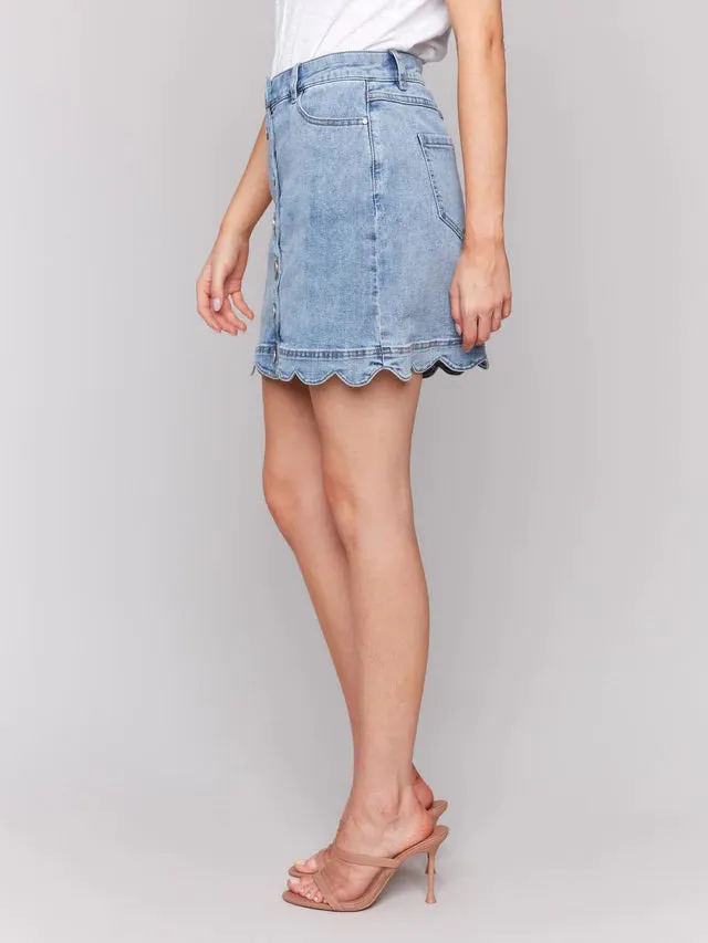 Scalloped Hem Button-Front Denim SKORT - Light Blue
