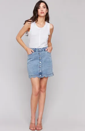 Scalloped Hem Button-Front Denim SKORT - Light Blue