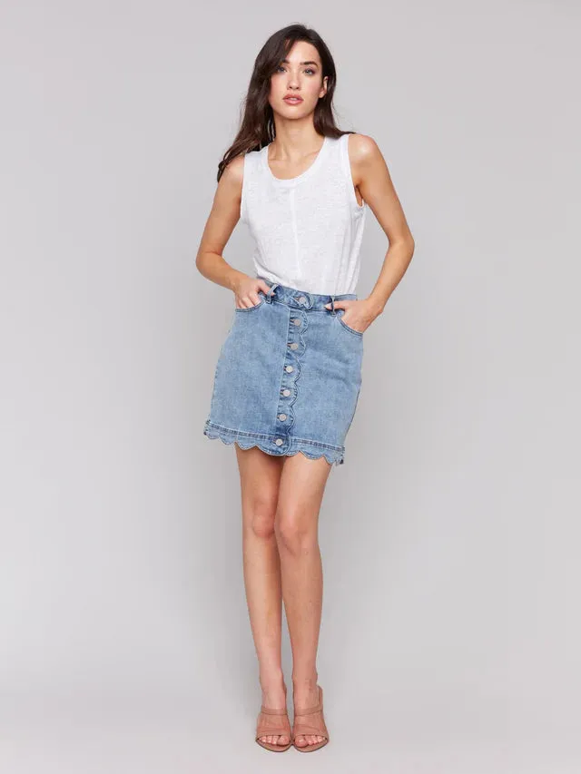 Scalloped Hem Button-Front Denim SKORT - Light Blue