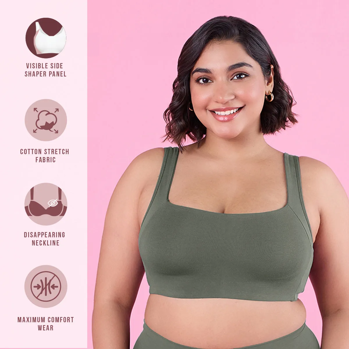 Trendy Square Neckline Slip on Bra with full coverage-NYB158-Olive