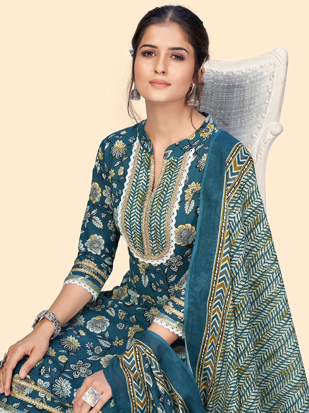 Women'S Floral Print & Lace Work Straight Cotton Blue Stitched Kurta Pant With Dupatta